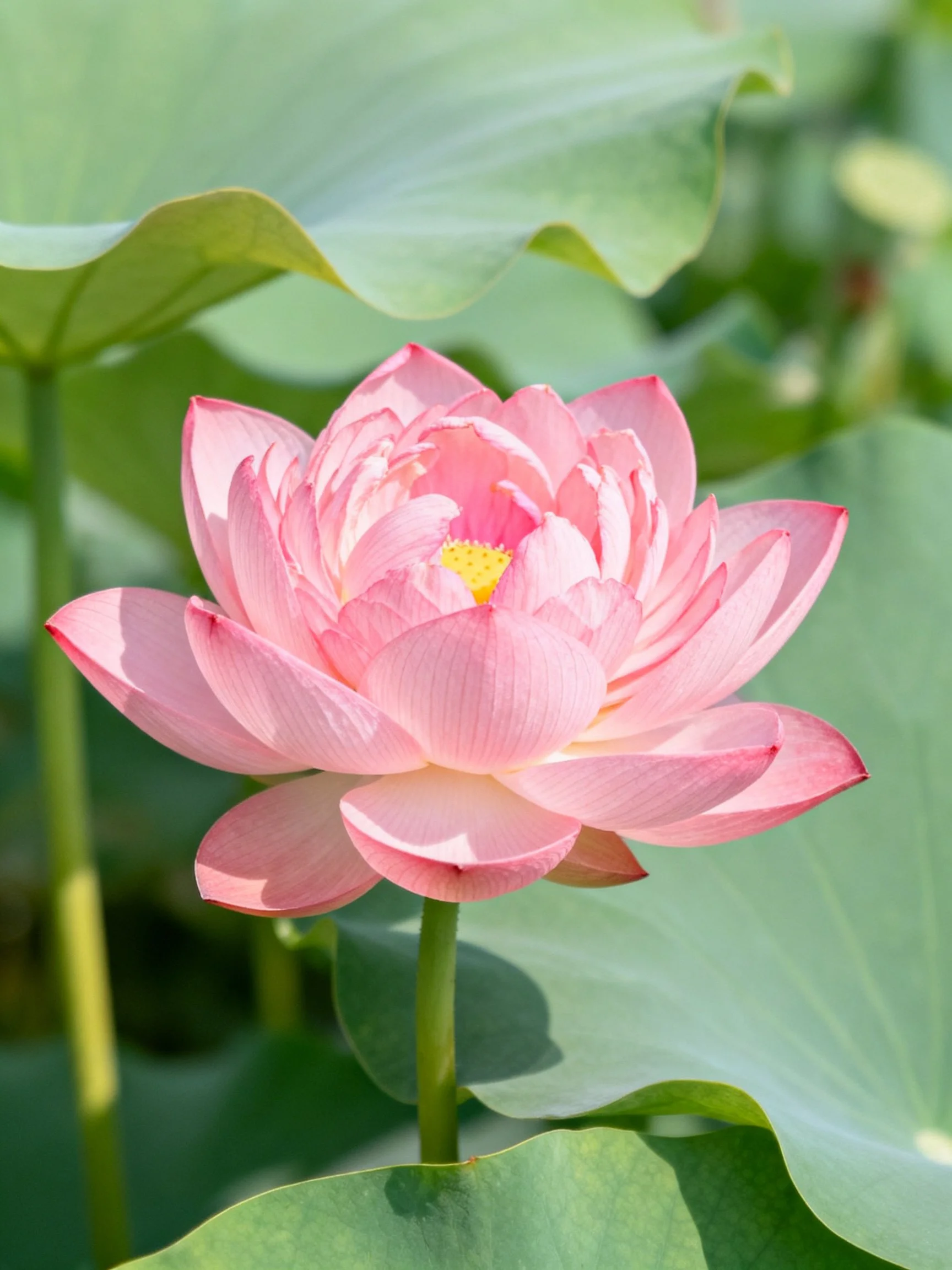 A vibrant pink lotus blooms among large green leaves
