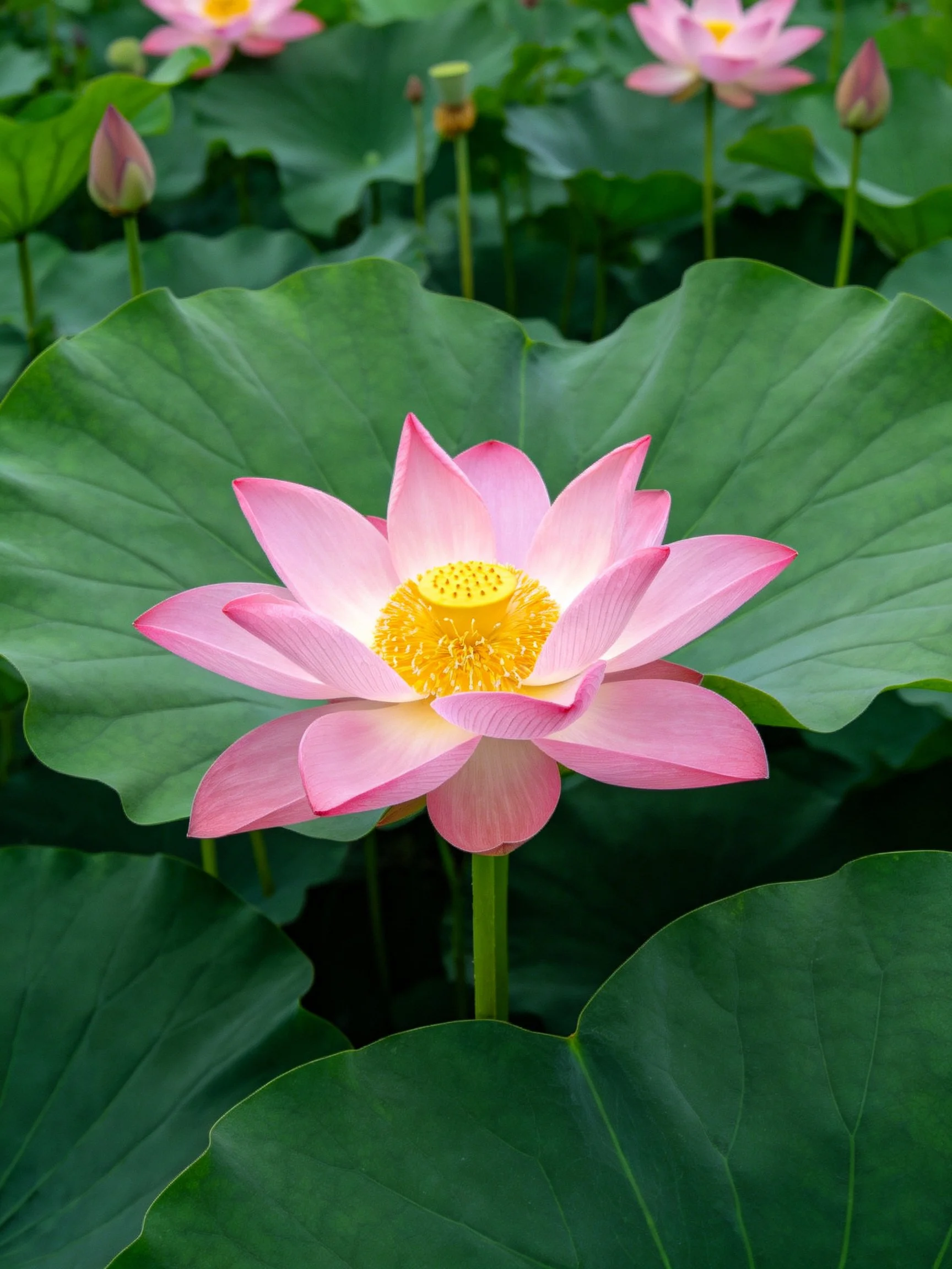 A vibrant pink lotus blooms among large green leaves.