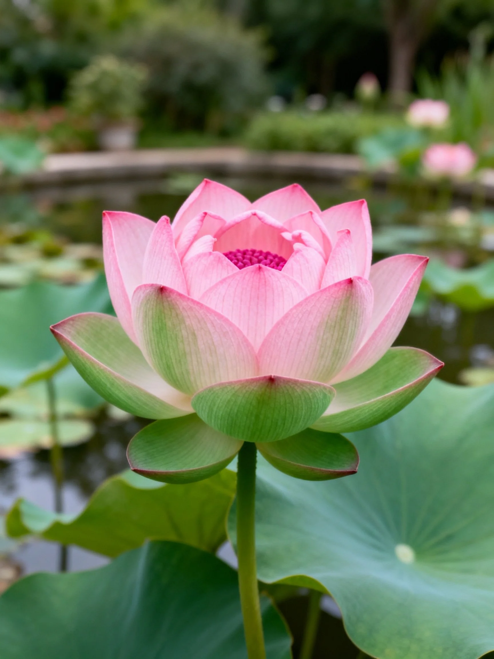 A vibrant pink lotus blooms among large green lily pads