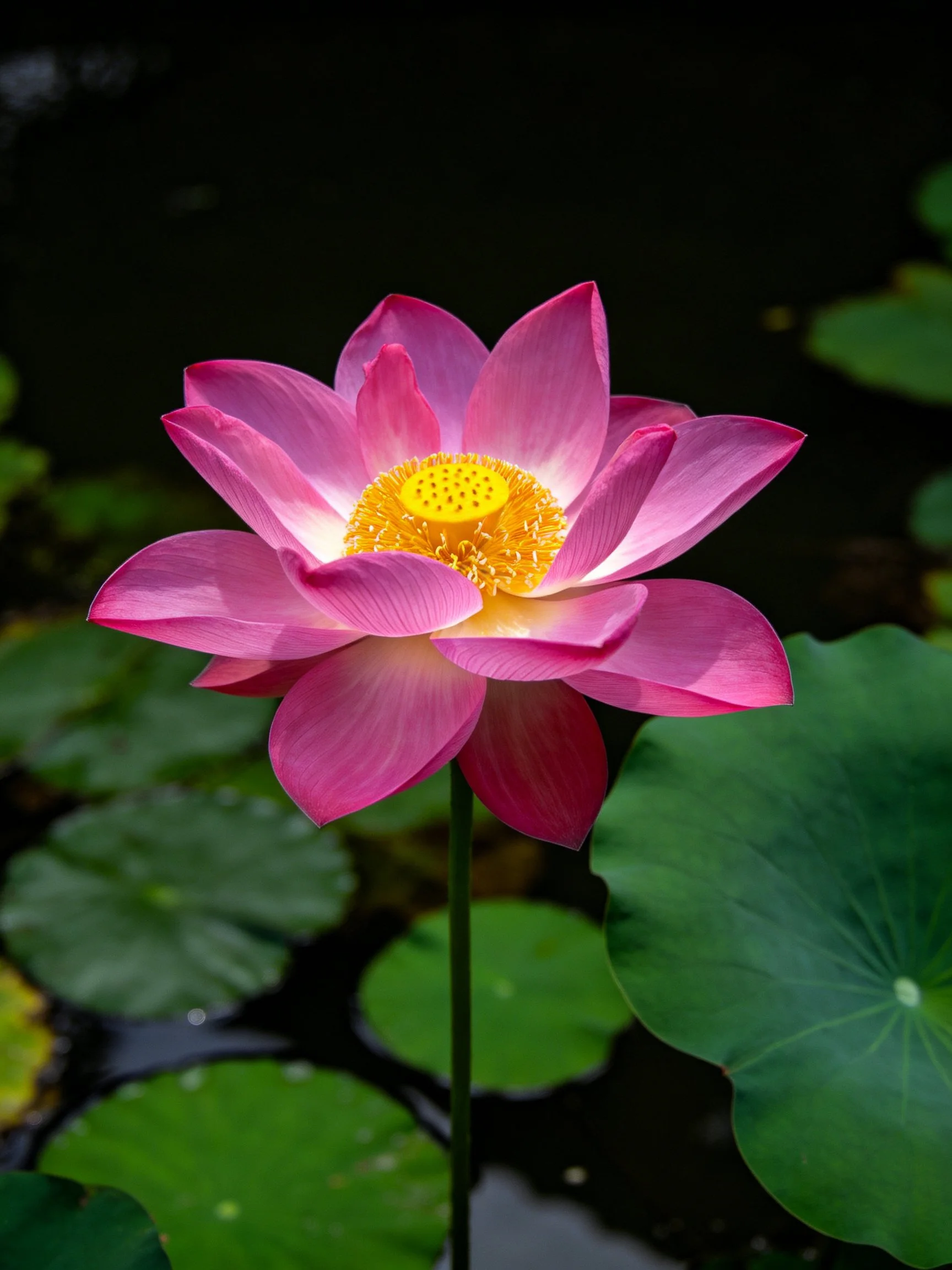 A vibrant pink lotus blooms among large green lily pads