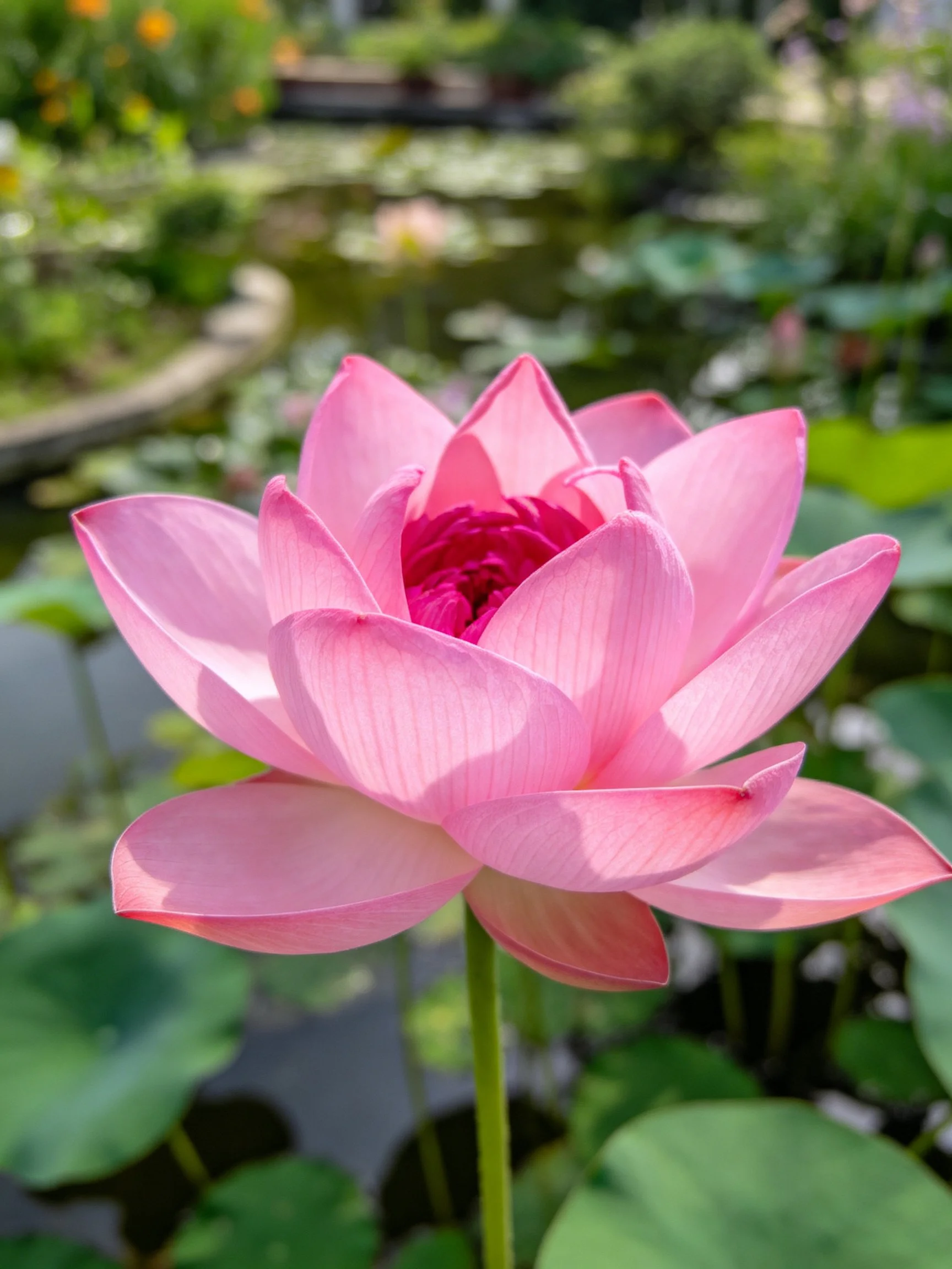 A vibrant pink lotus blooms among lily pads by a serene pond