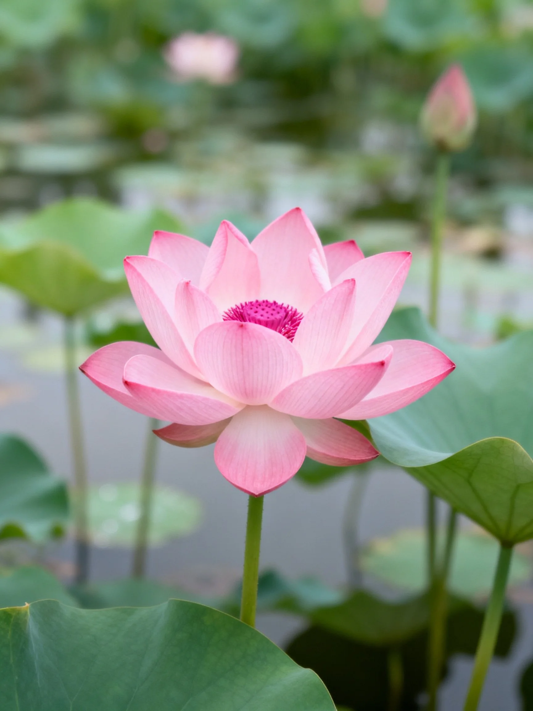 A vibrant pink lotus blooms among lush green leaves