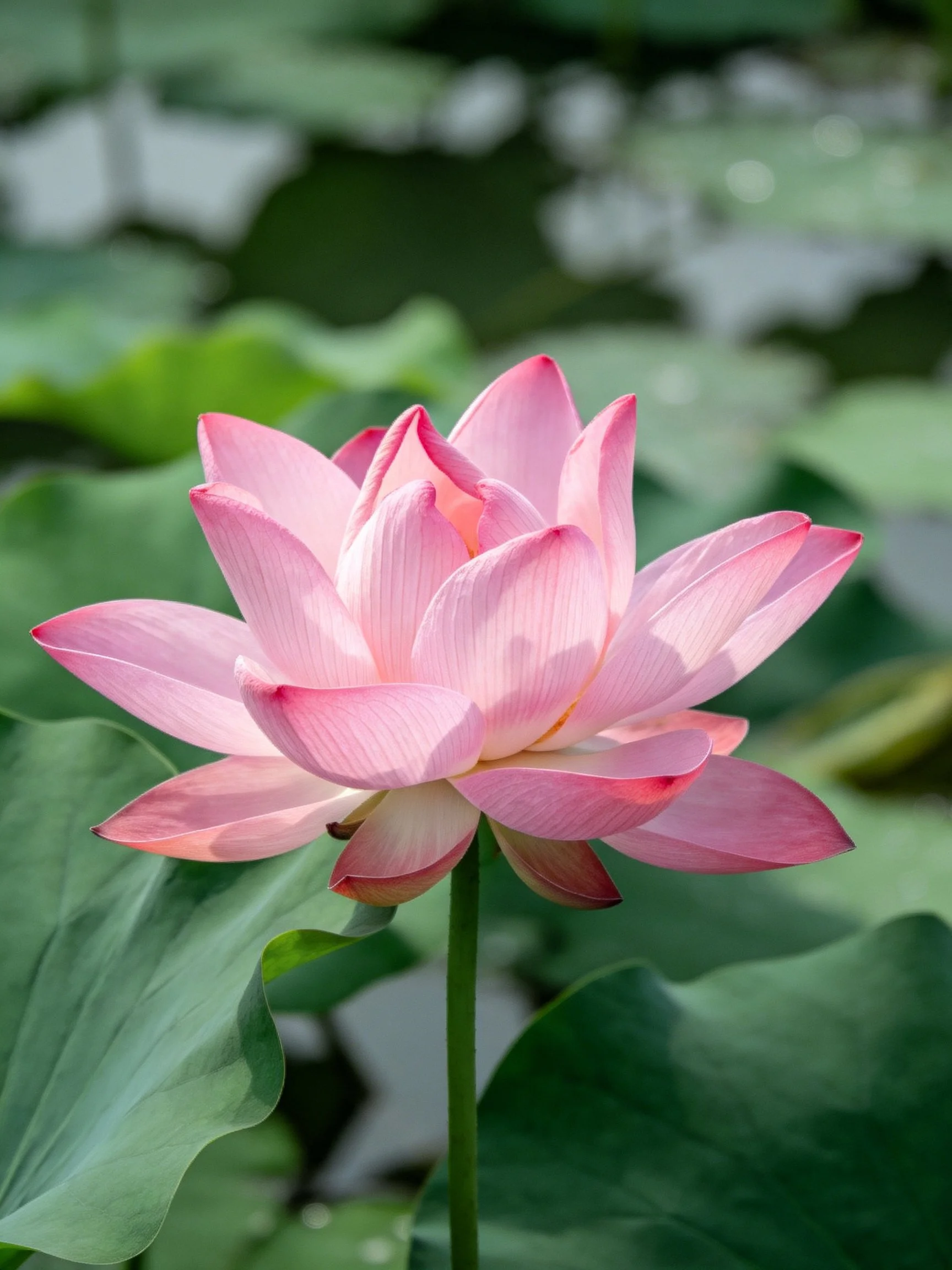 A vibrant pink lotus blooms among lush green lily pads