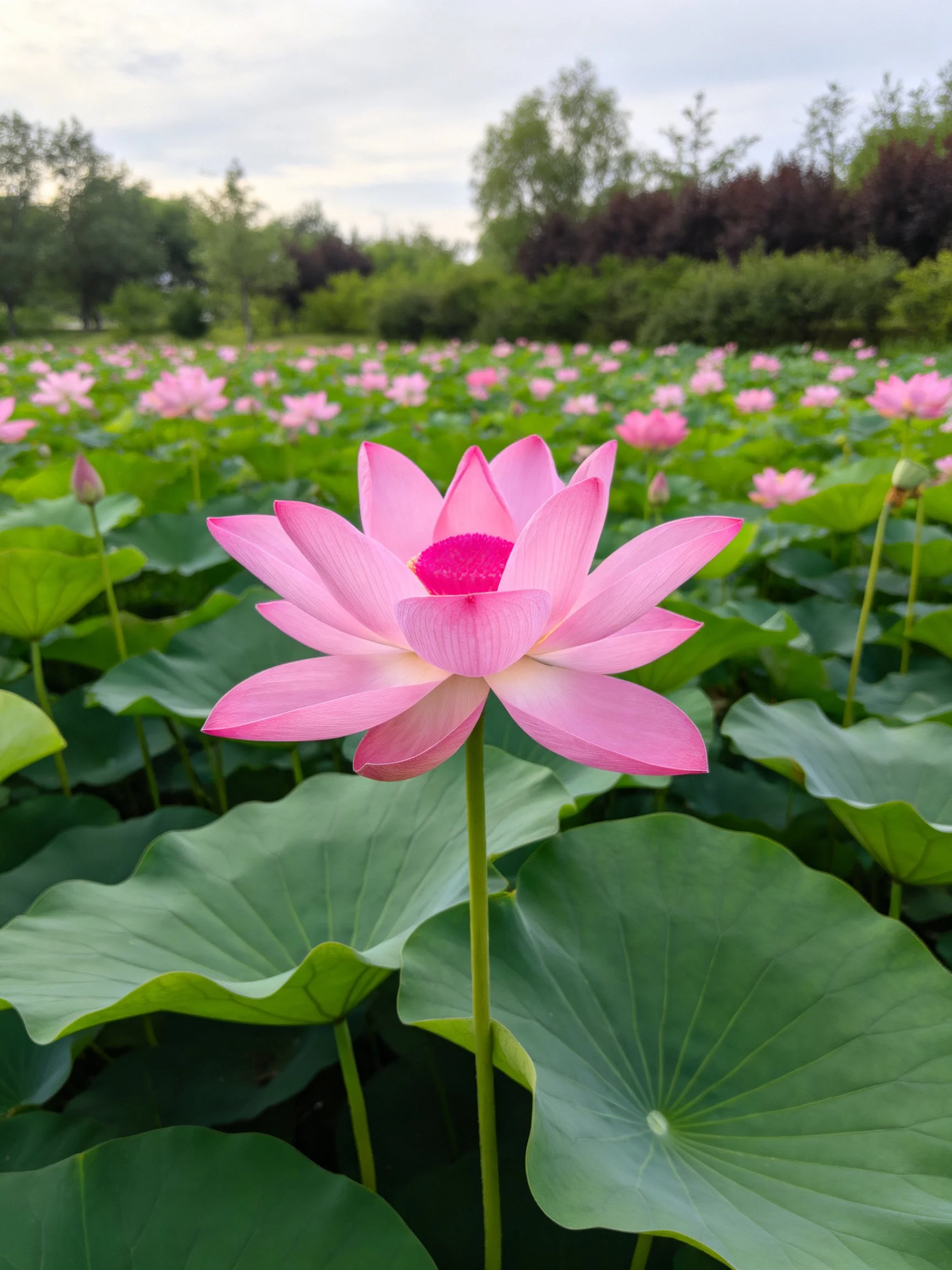 A vibrant pink lotus blooms among lush green lily pads