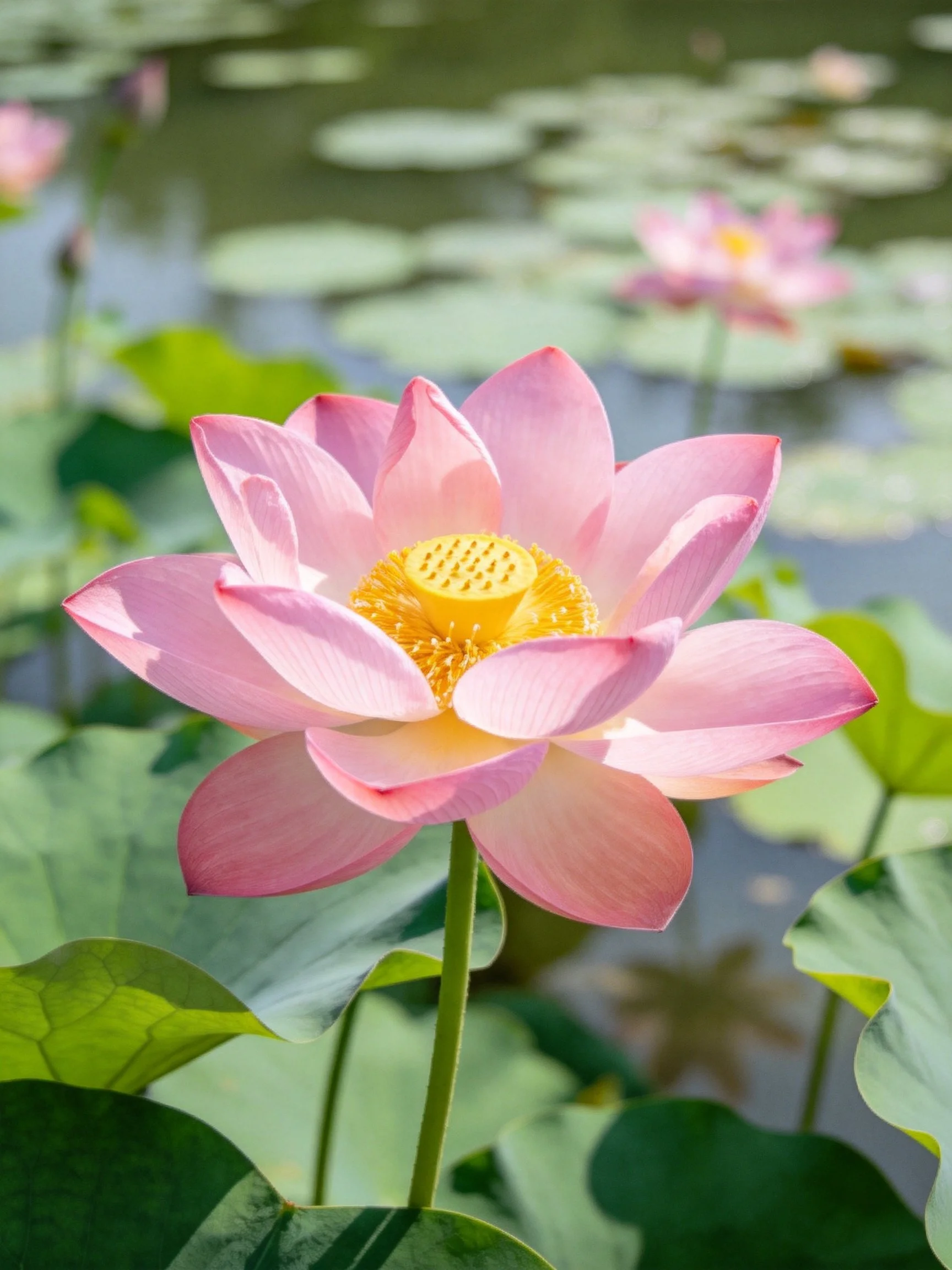 A vibrant pink lotus blooms among lush green lily pads