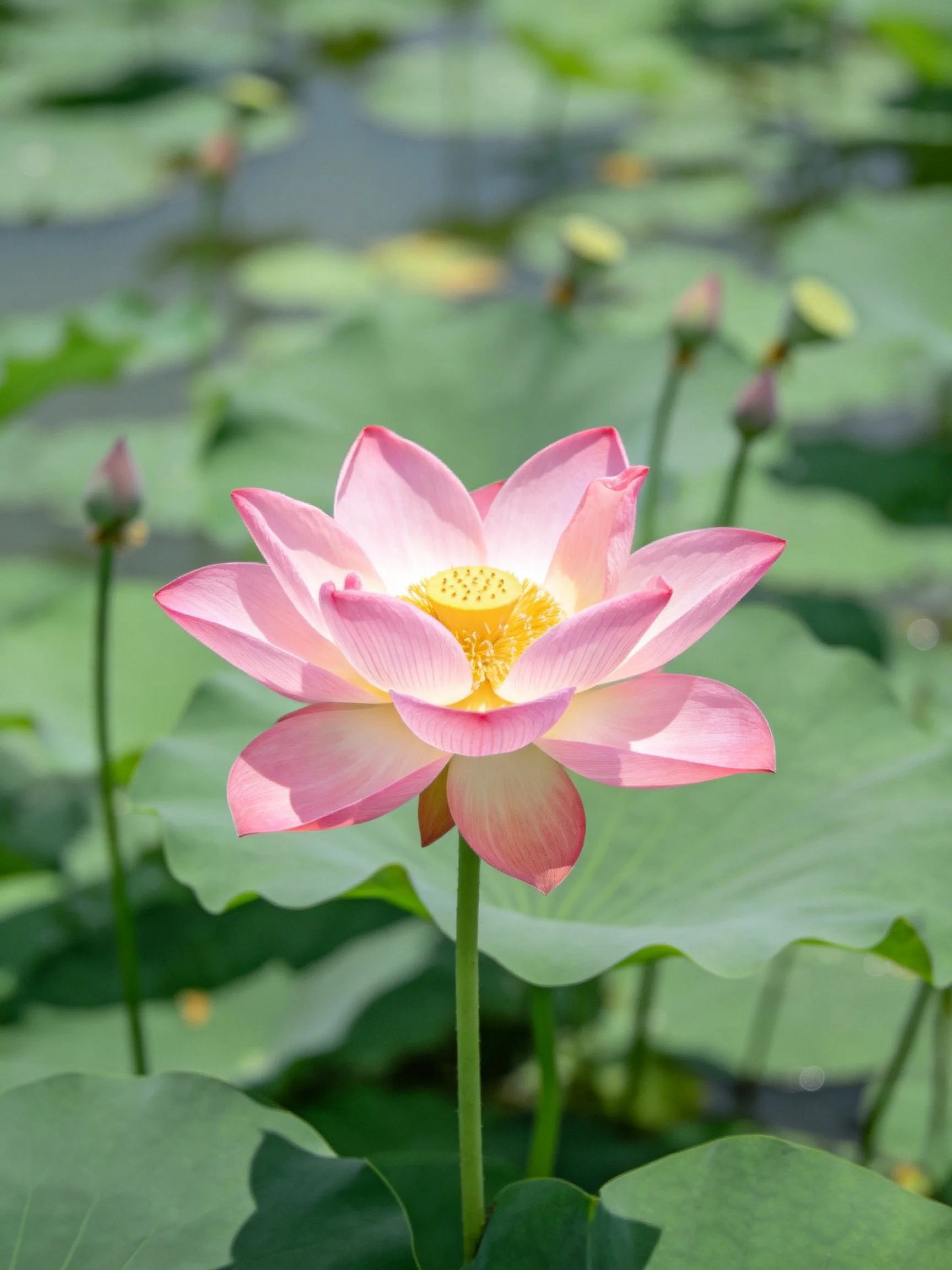A vibrant pink lotus blooms among lush green lily pads
