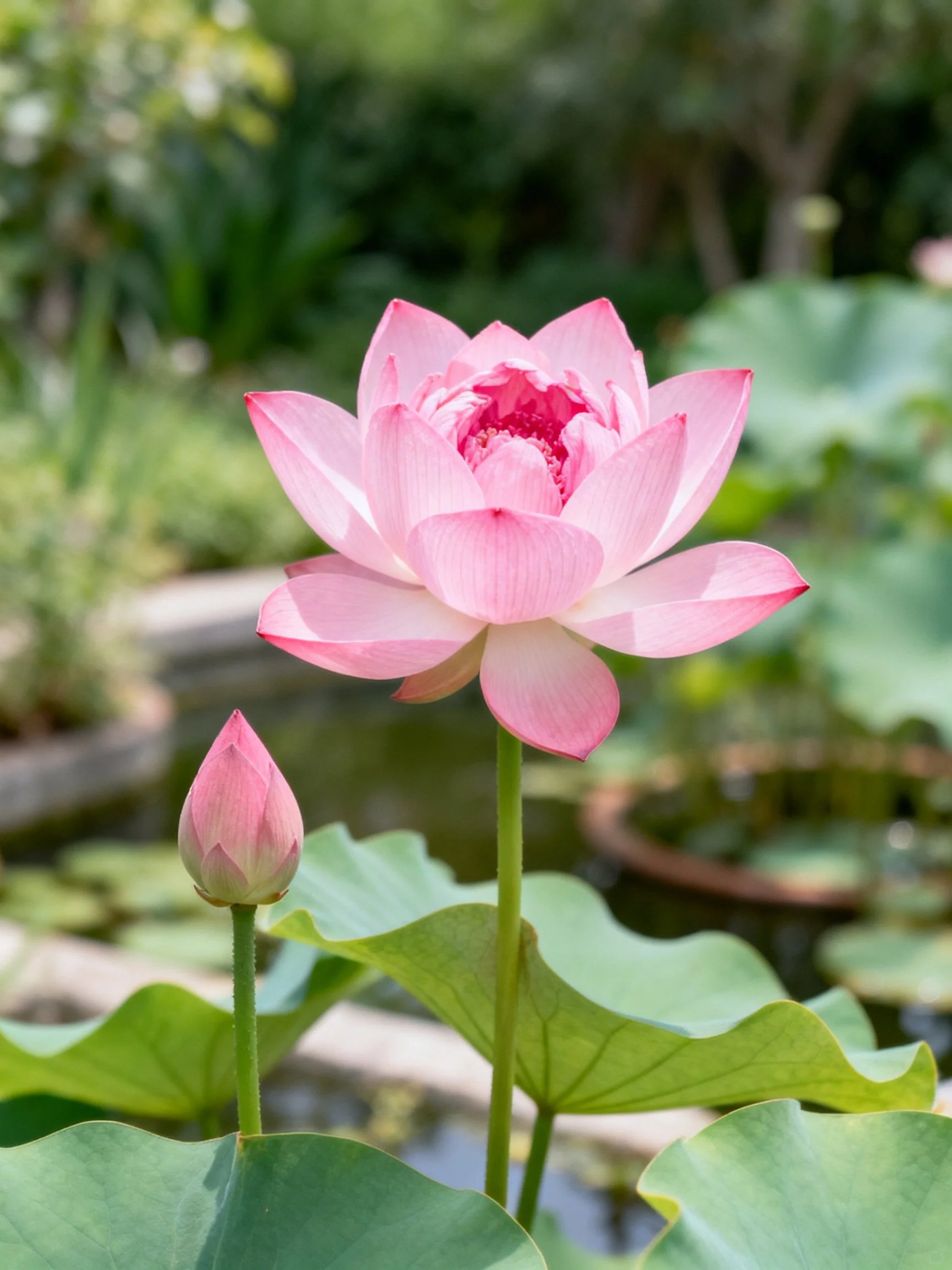 A vibrant pink lotus blooms beside a closed bud near green lily pads