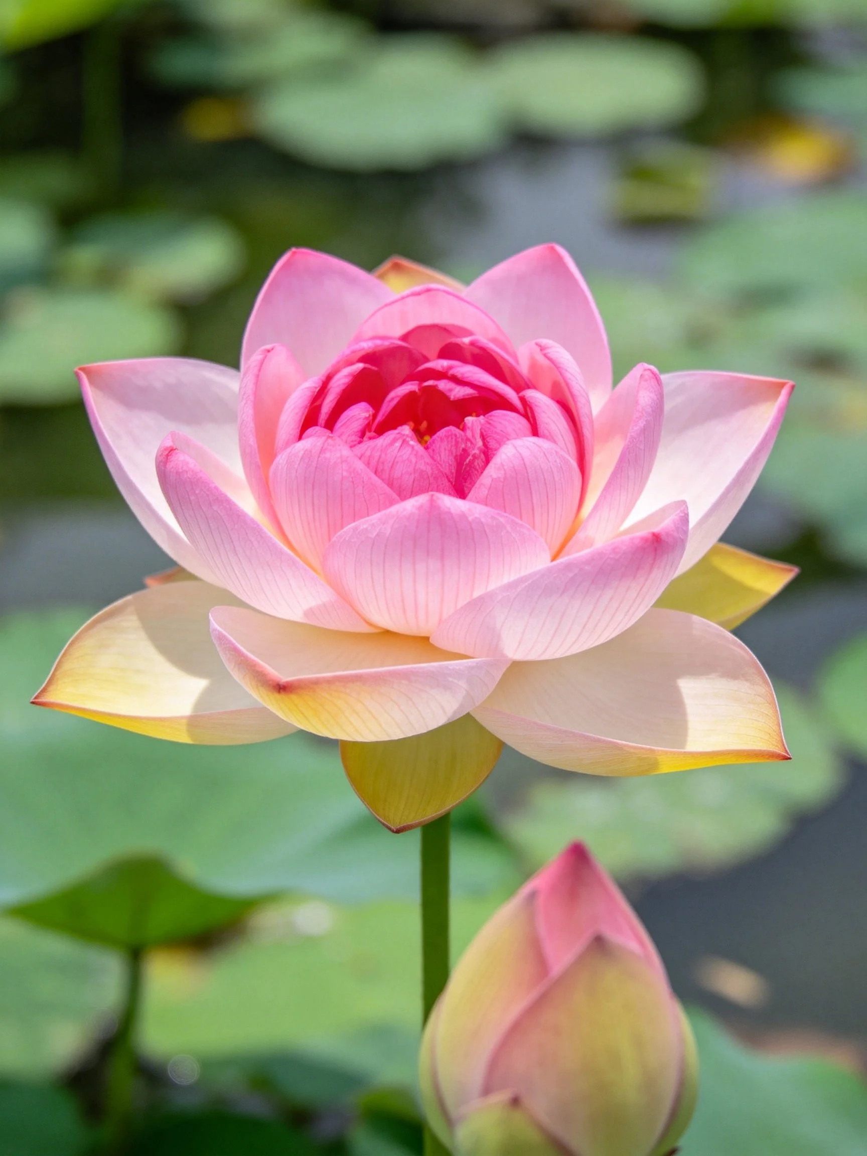 A vibrant pink lotus blooms beside a closed bud near water lilies