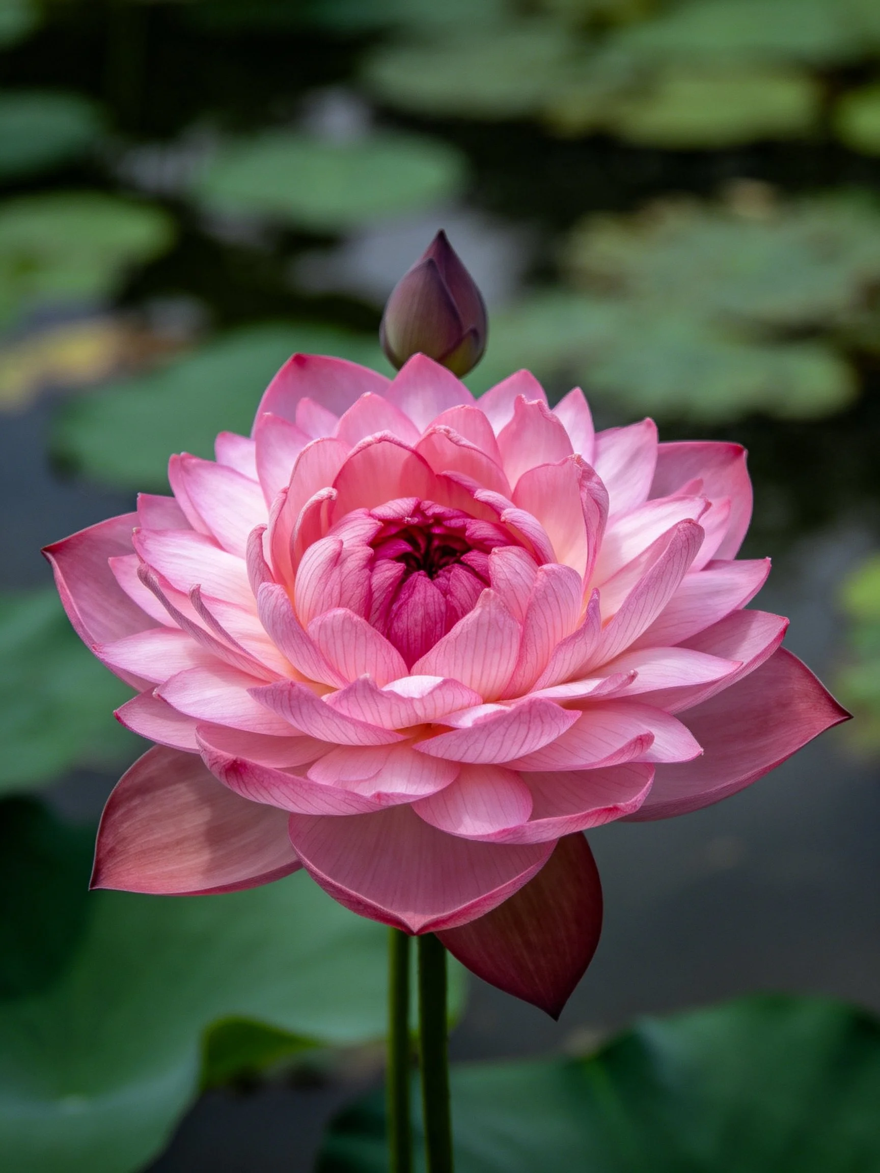 A vibrant pink lotus blooms beside a closed bud with green lily pads