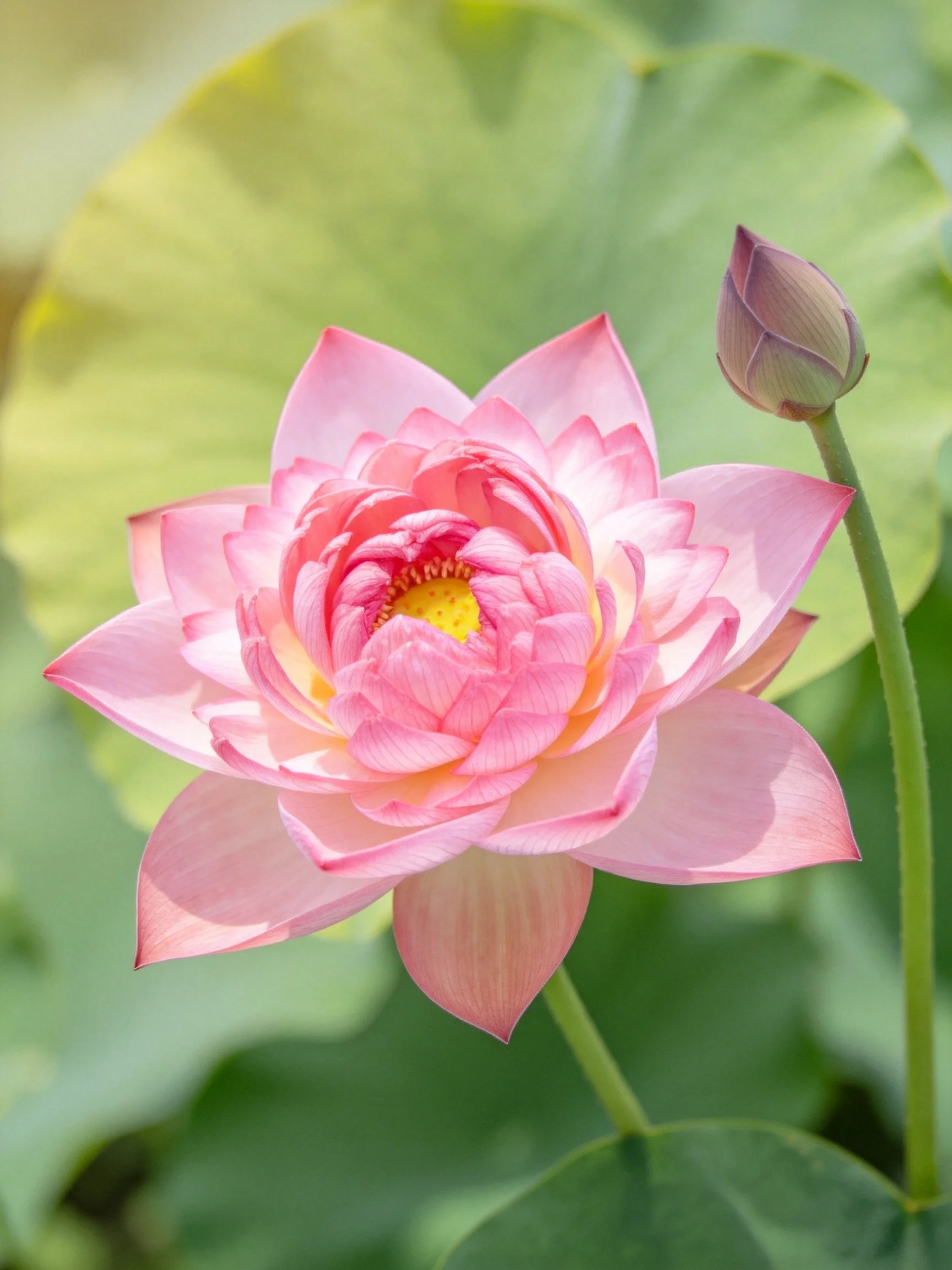 A vibrant pink lotus blooms beside a closed bud with large green leaves