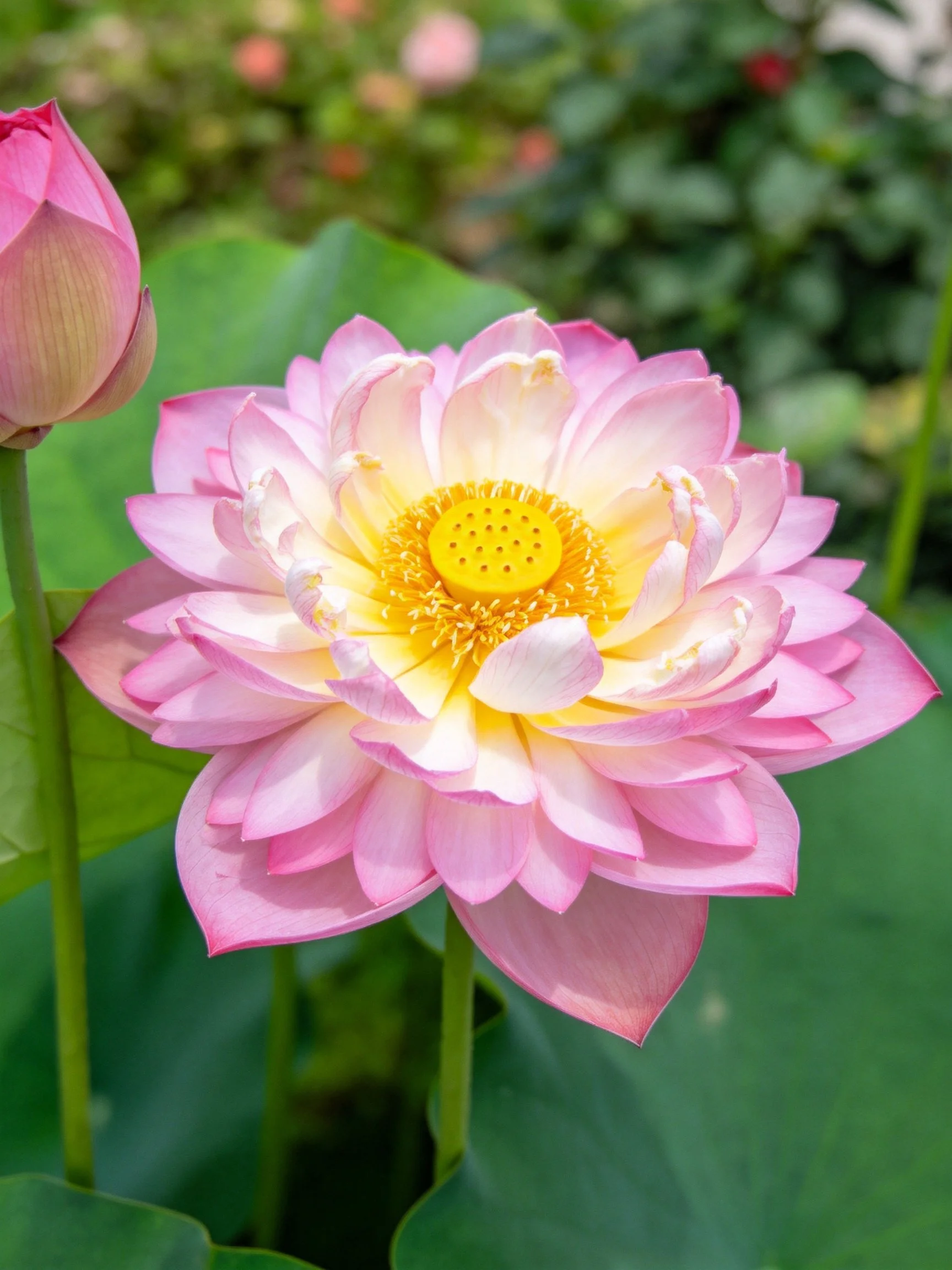 A vibrant pink lotus blooms beside a closed bud with lush green foliage