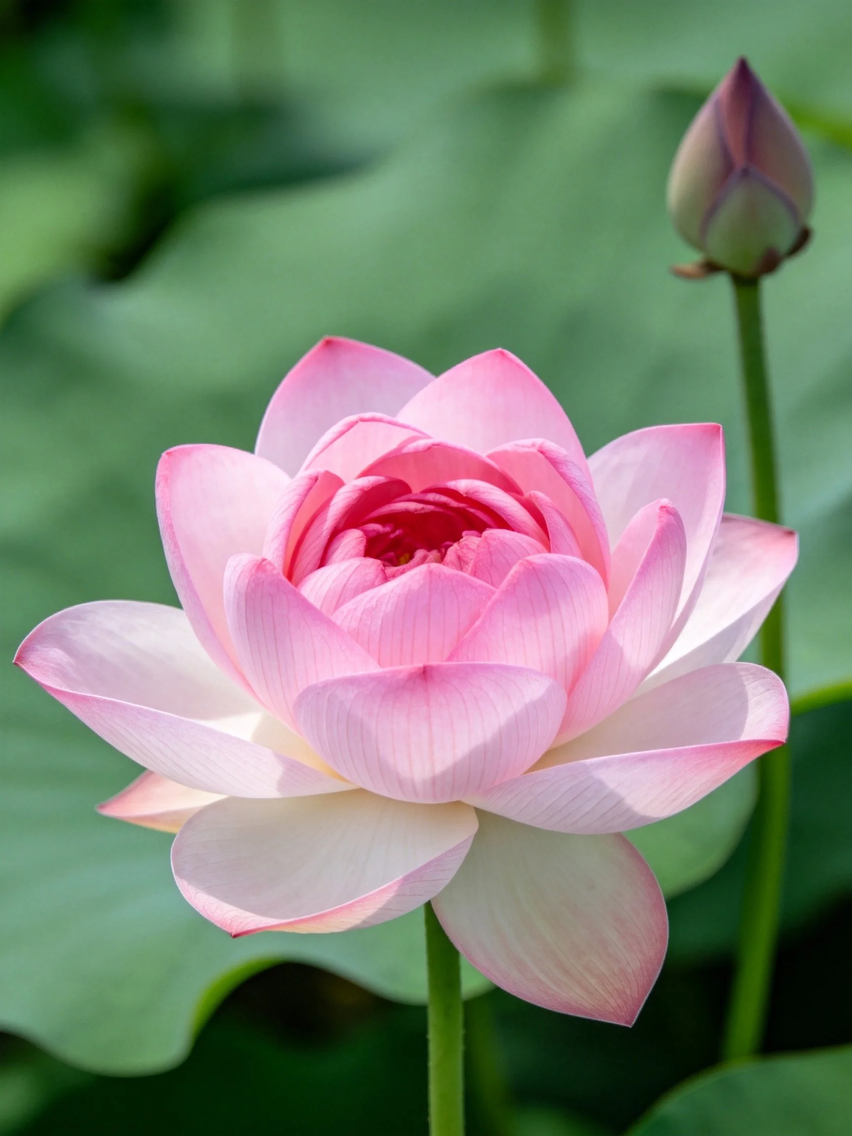 A vibrant pink lotus blooms near a closed bud with lush green leaves