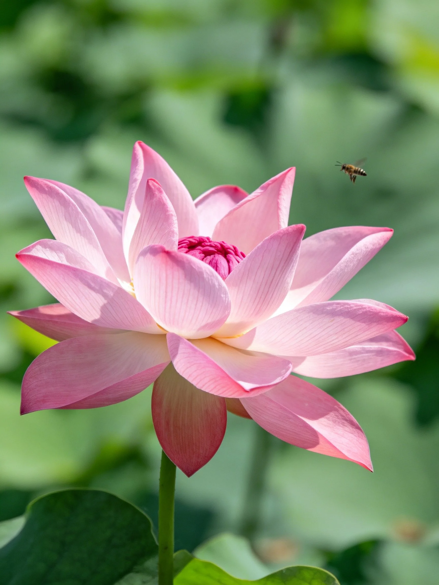 A vibrant pink lotus blooms near a flying bee