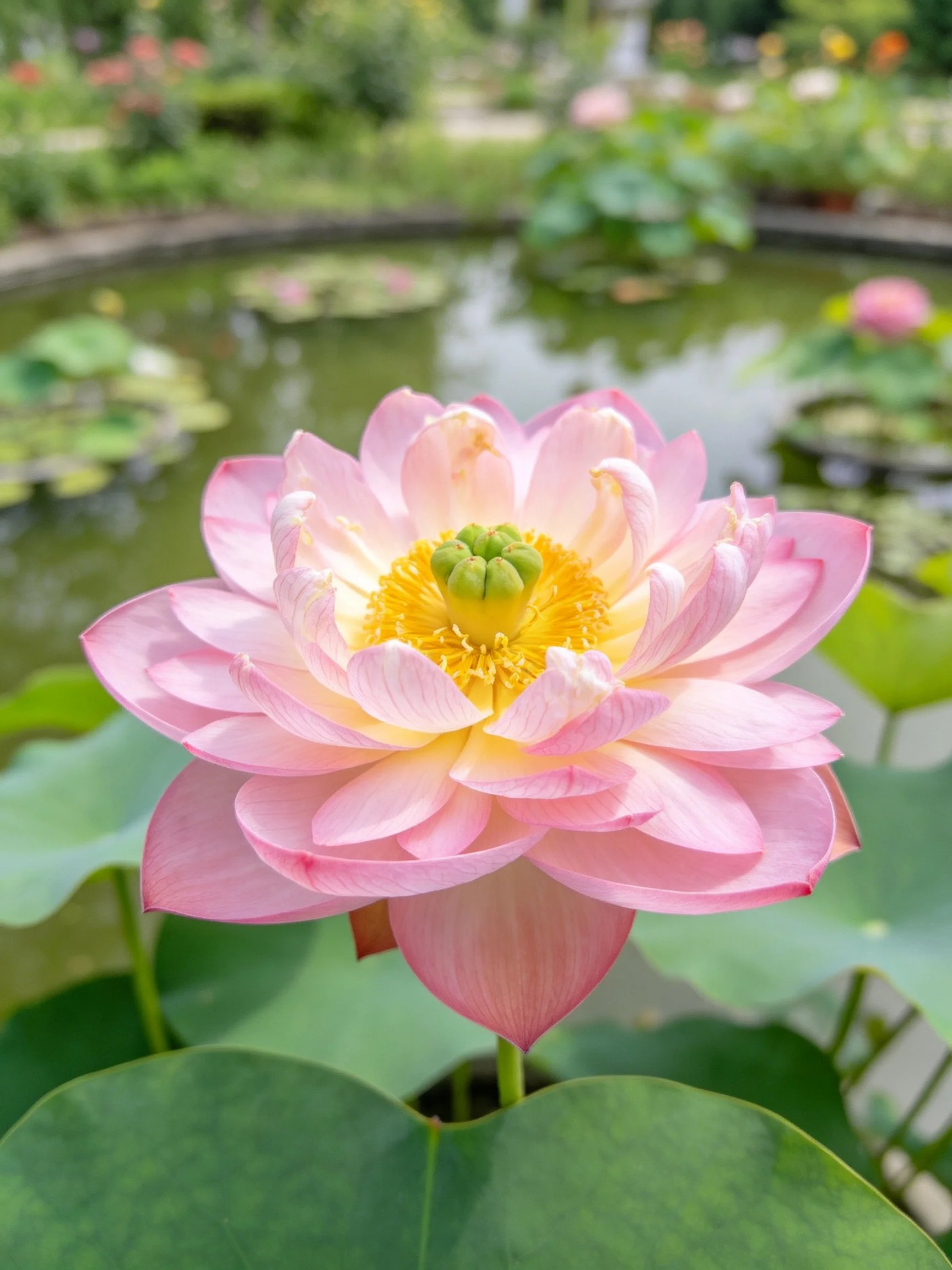 A vibrant pink lotus blooms near a serene pond