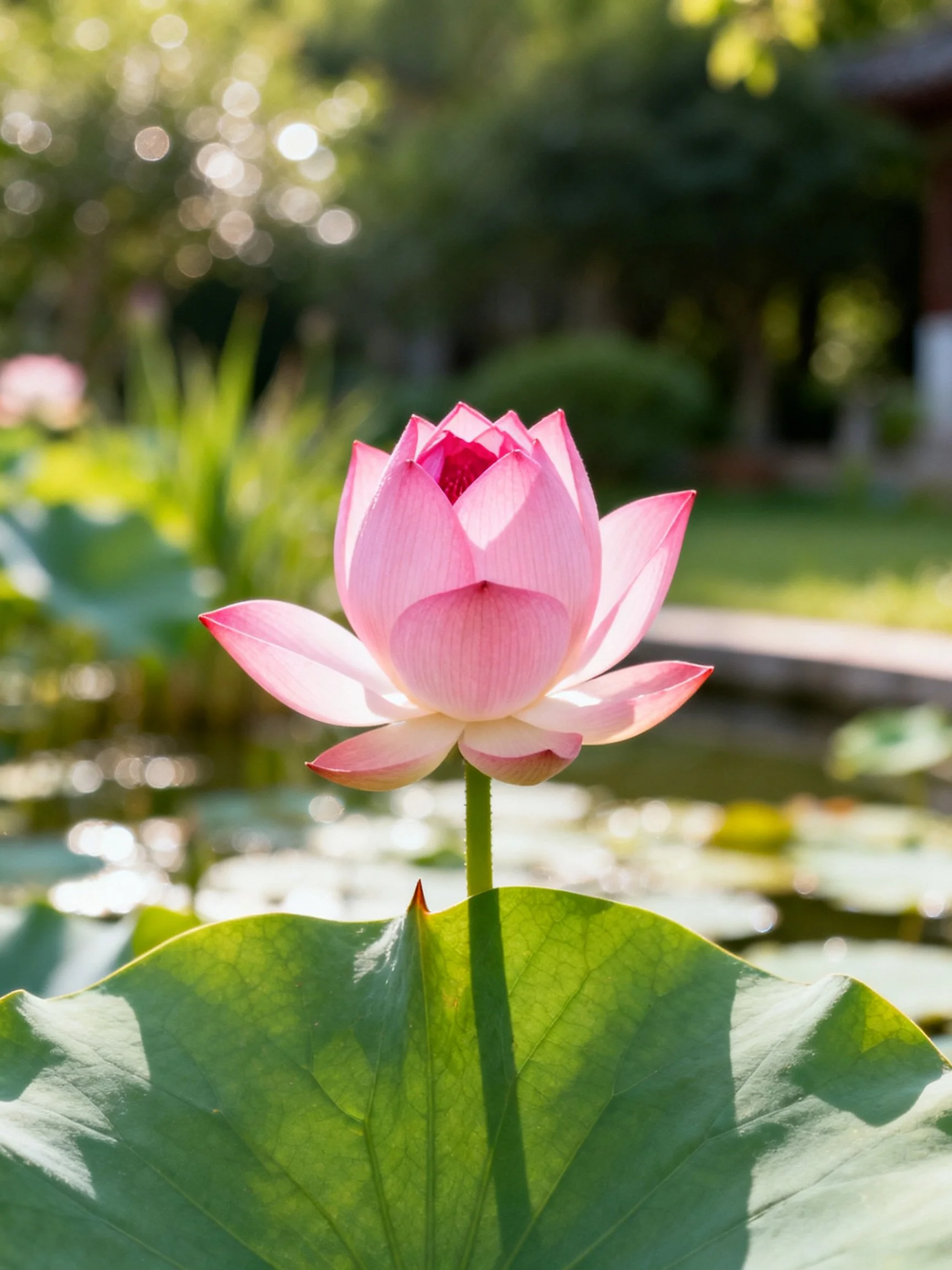 A vibrant pink lotus blooms near a serene pond