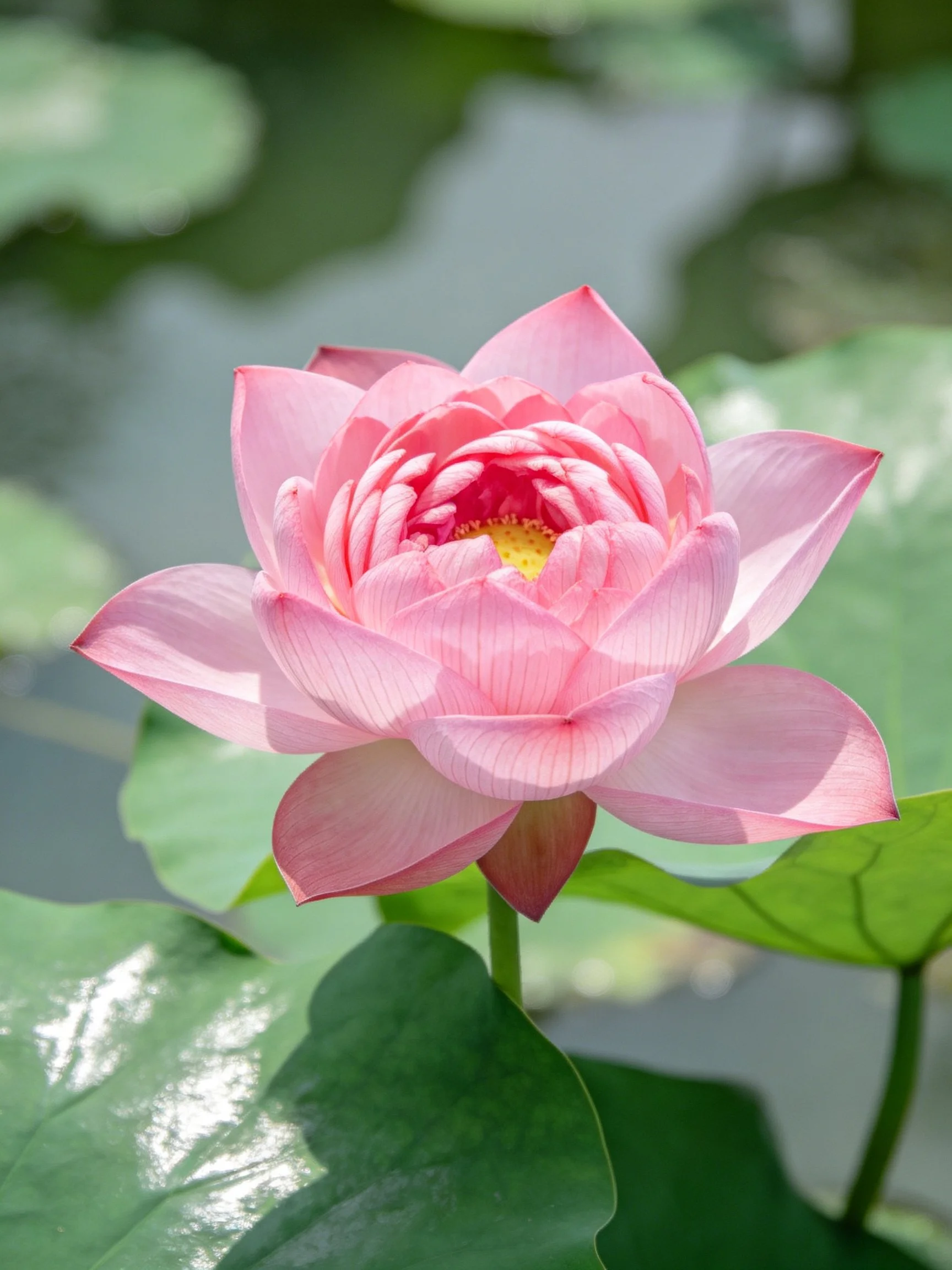 A vibrant pink lotus blooms near broad green lily pads