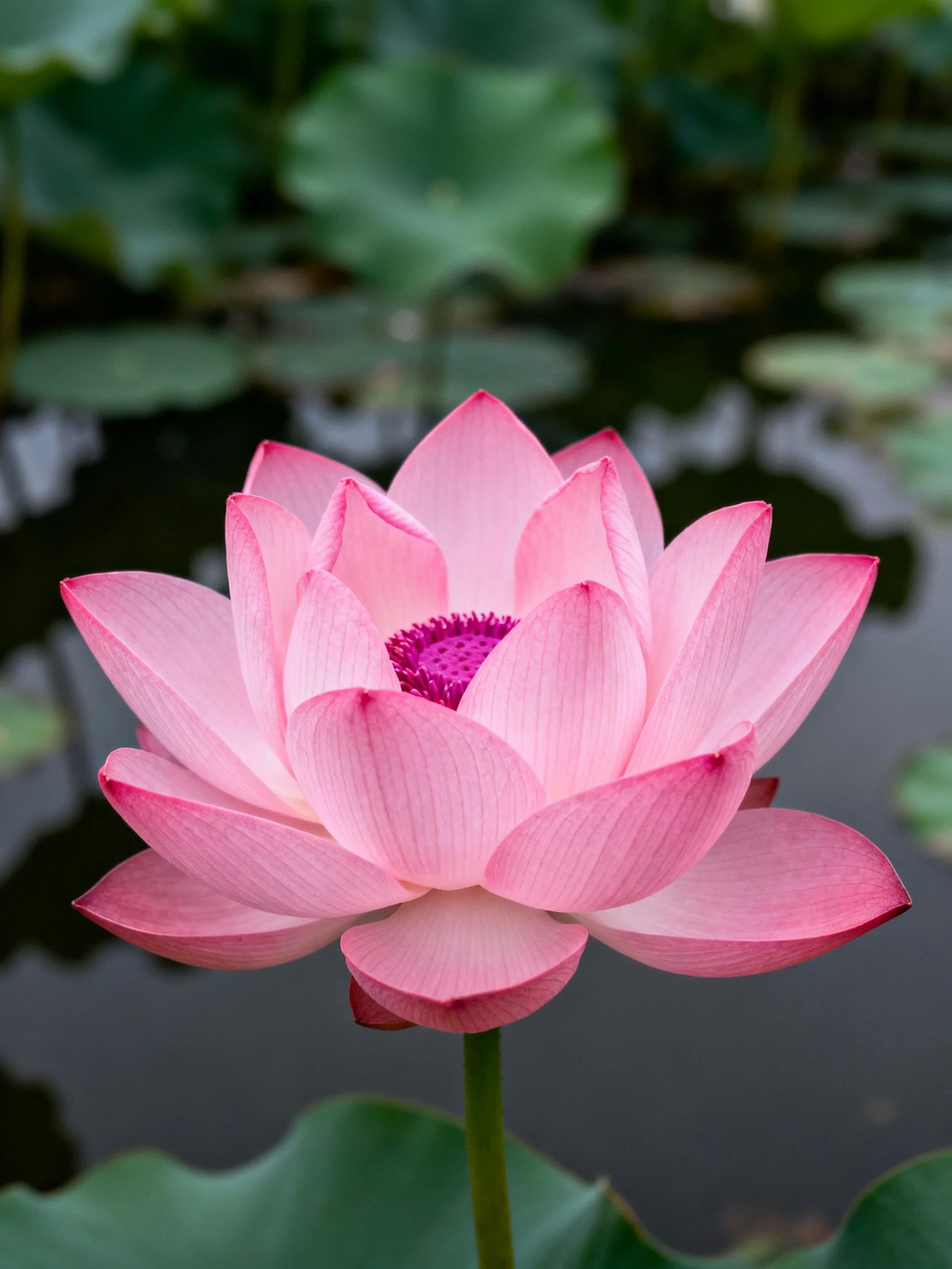 A vibrant pink lotus blooms near green lily pads