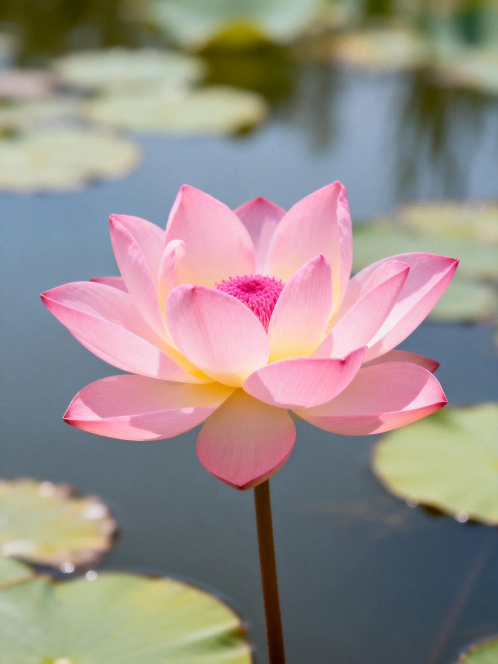 A vibrant pink lotus blooms near green lily pads in calm water