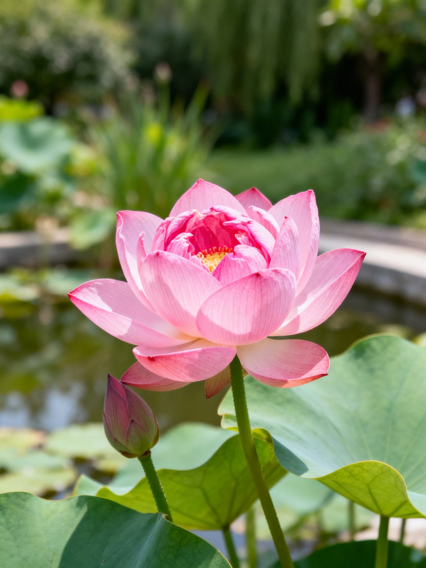 A vibrant pink lotus blooms near large green lily pads