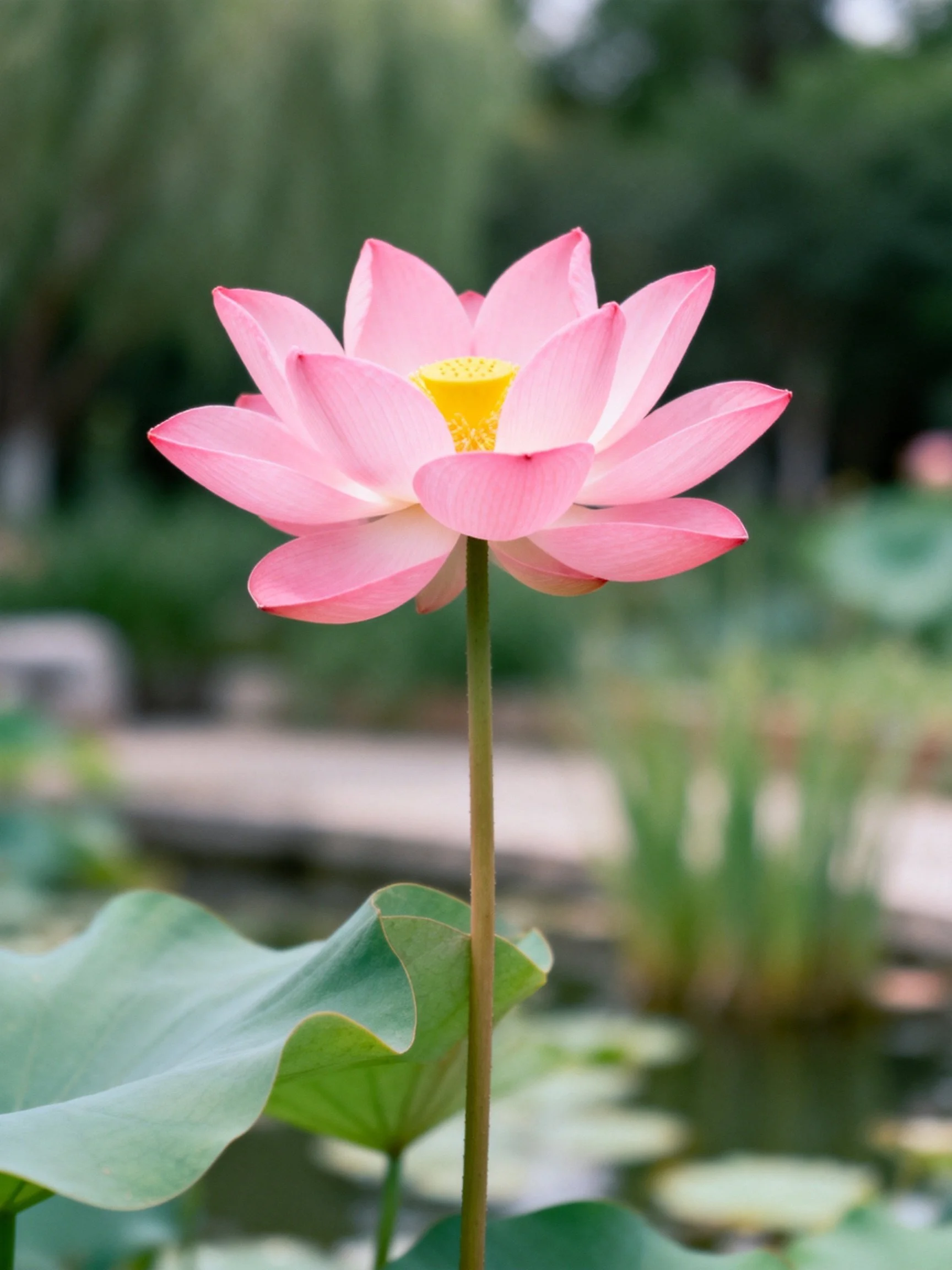 A vibrant pink lotus blooms near lush green lily pads