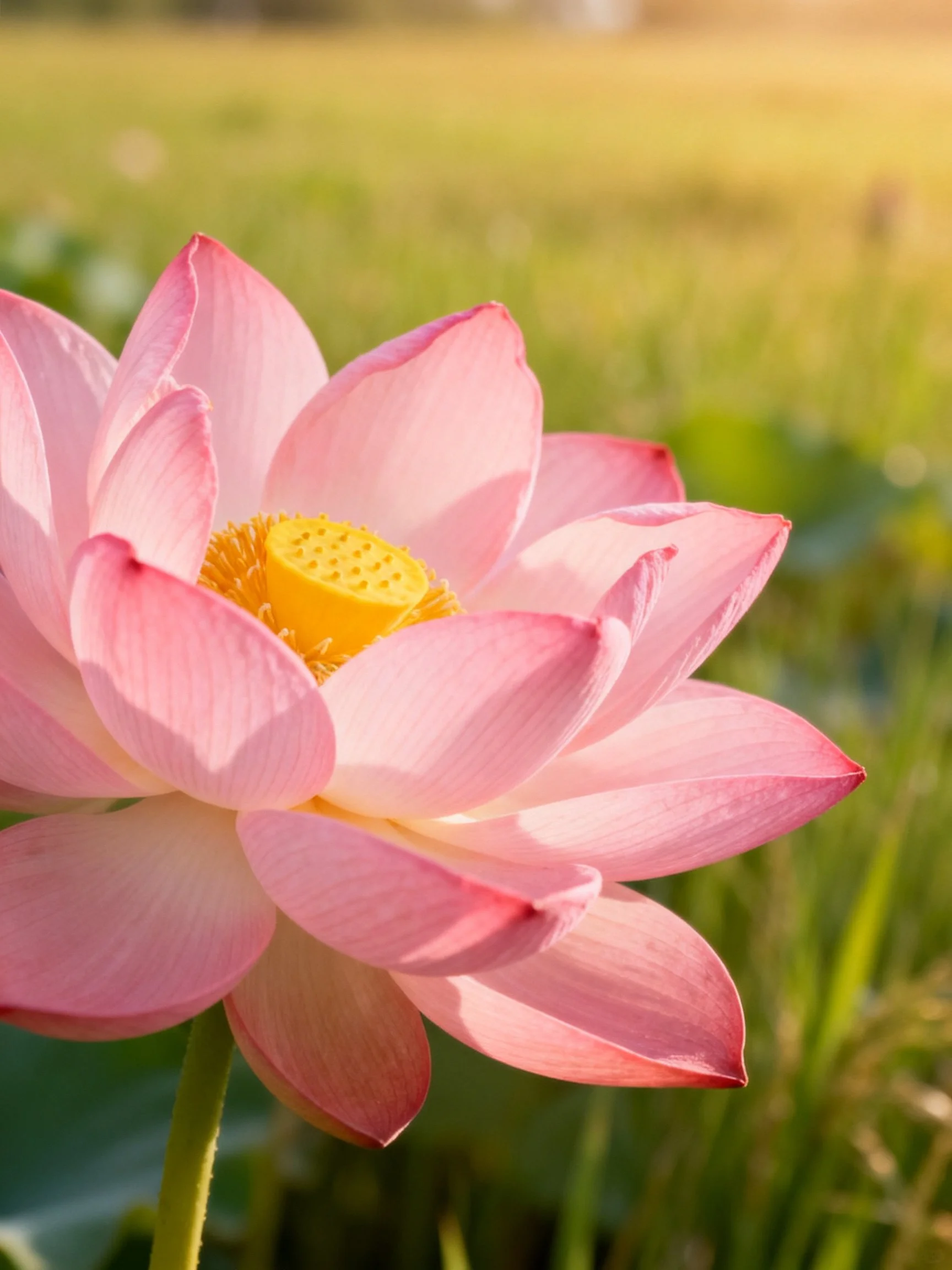 A vibrant pink lotus blooms with a bright yellow center amid greenery