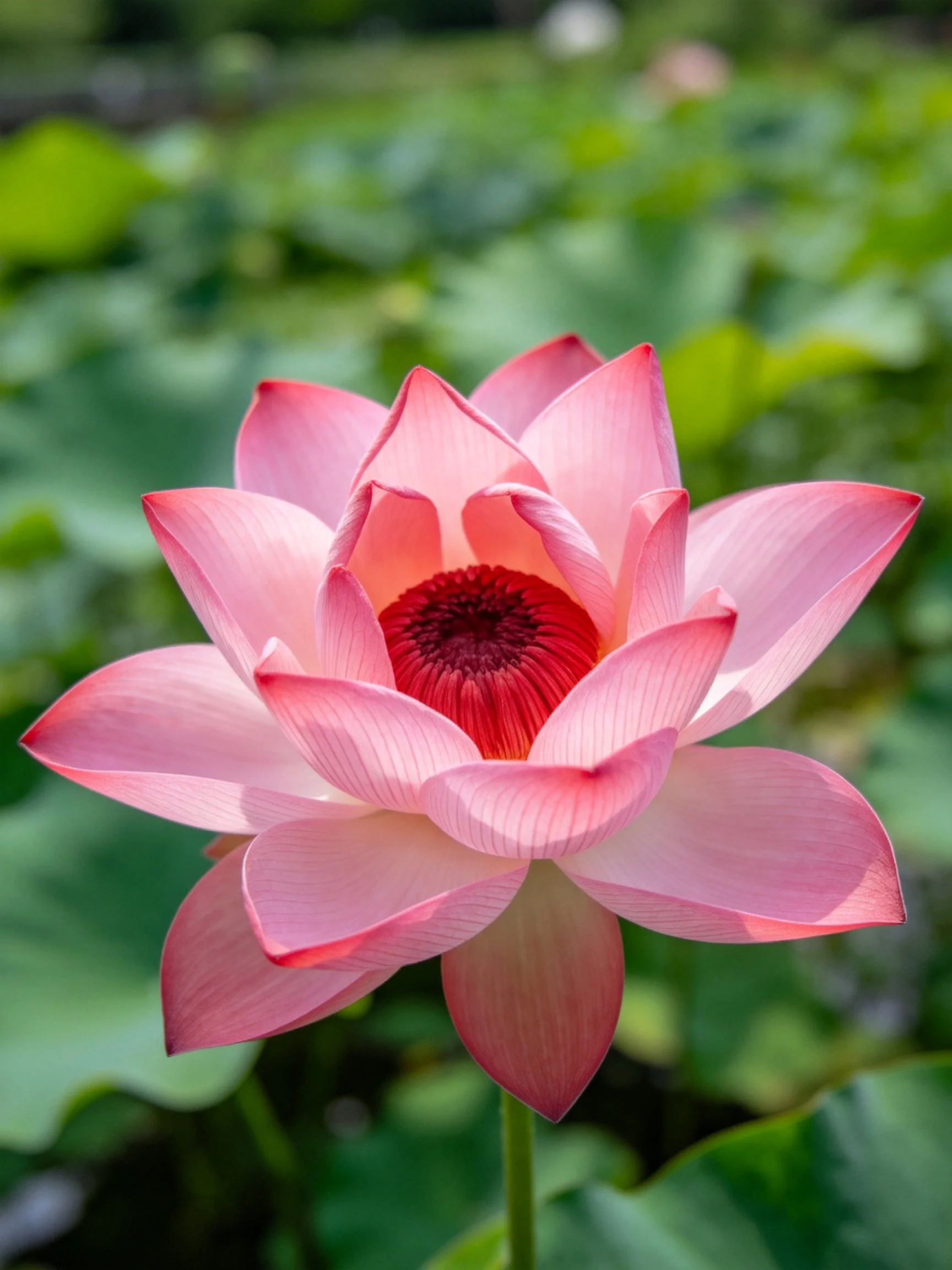 A vibrant pink lotus blooms with a deep red center amid lush green foliage.