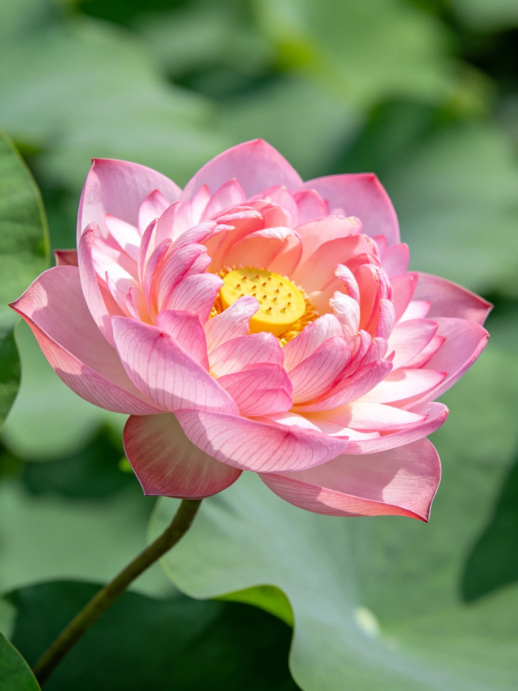 A vibrant pink lotus blooms with layered petals and a bright yellow center
