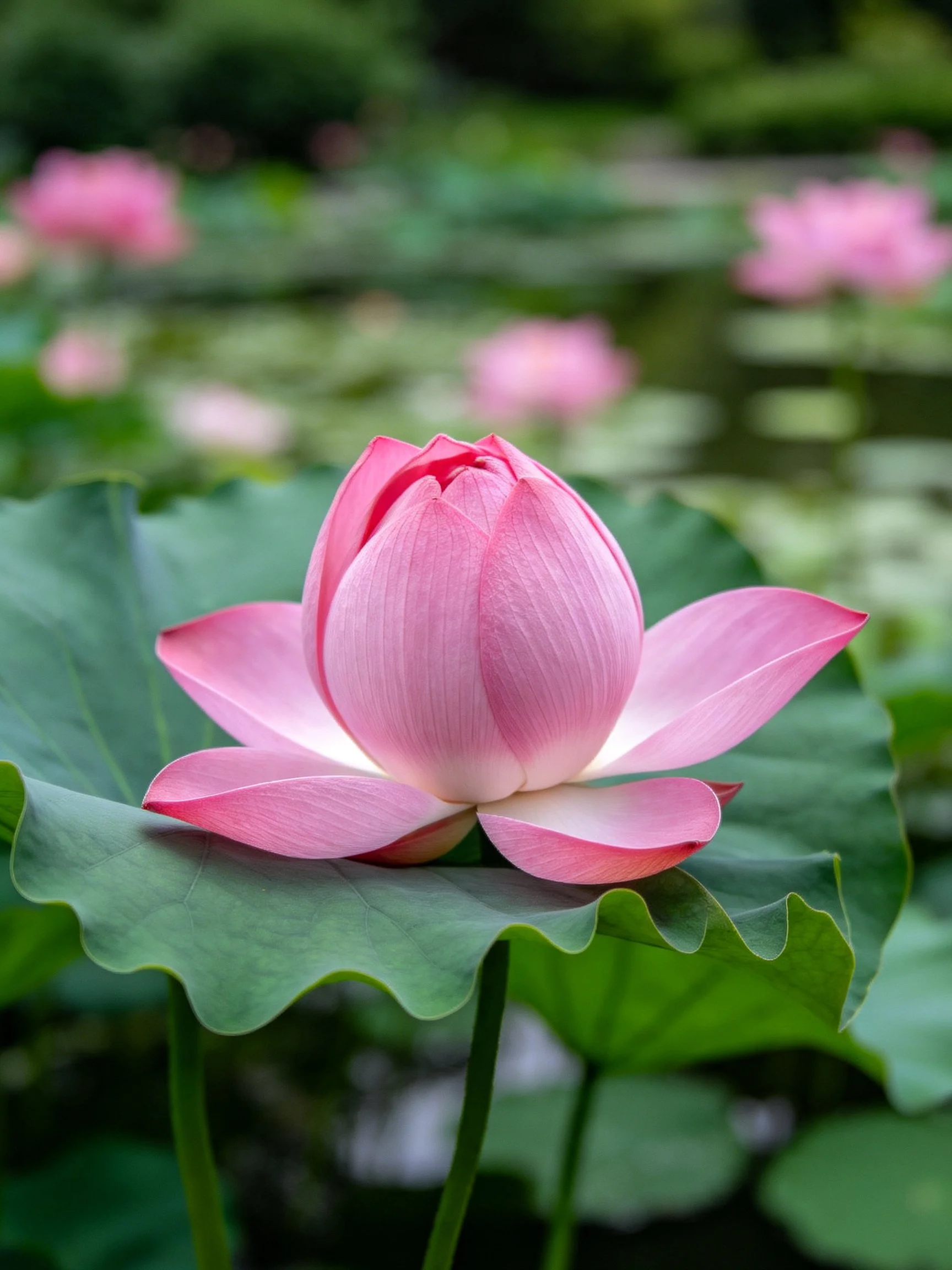 A vibrant pink lotus bud resting on large green lotus leaves