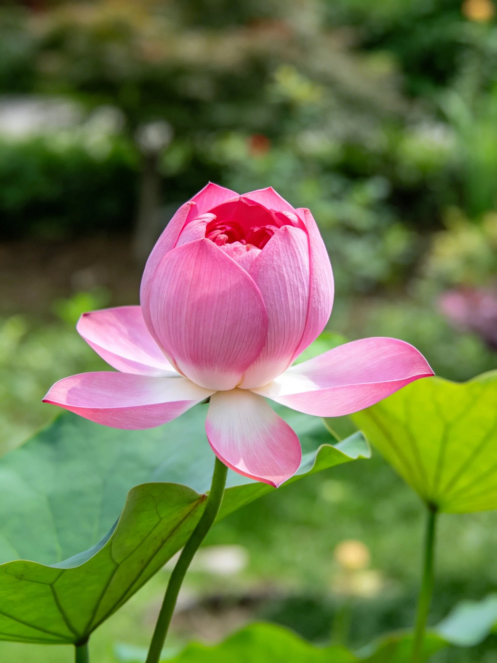 A vibrant pink lotus bud surrounded by large green leaves
