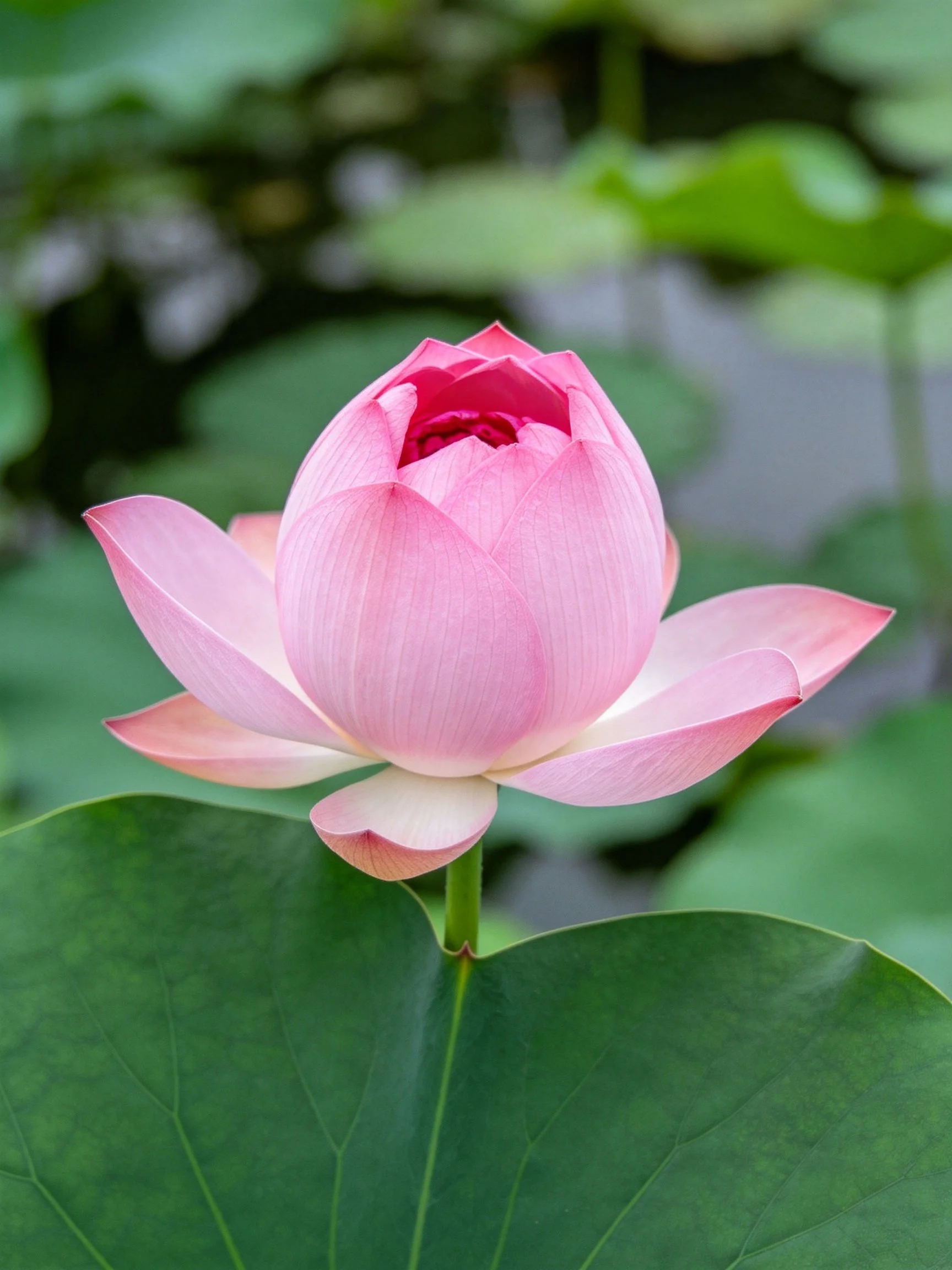 A vibrant pink lotus bud surrounded by large green leaves