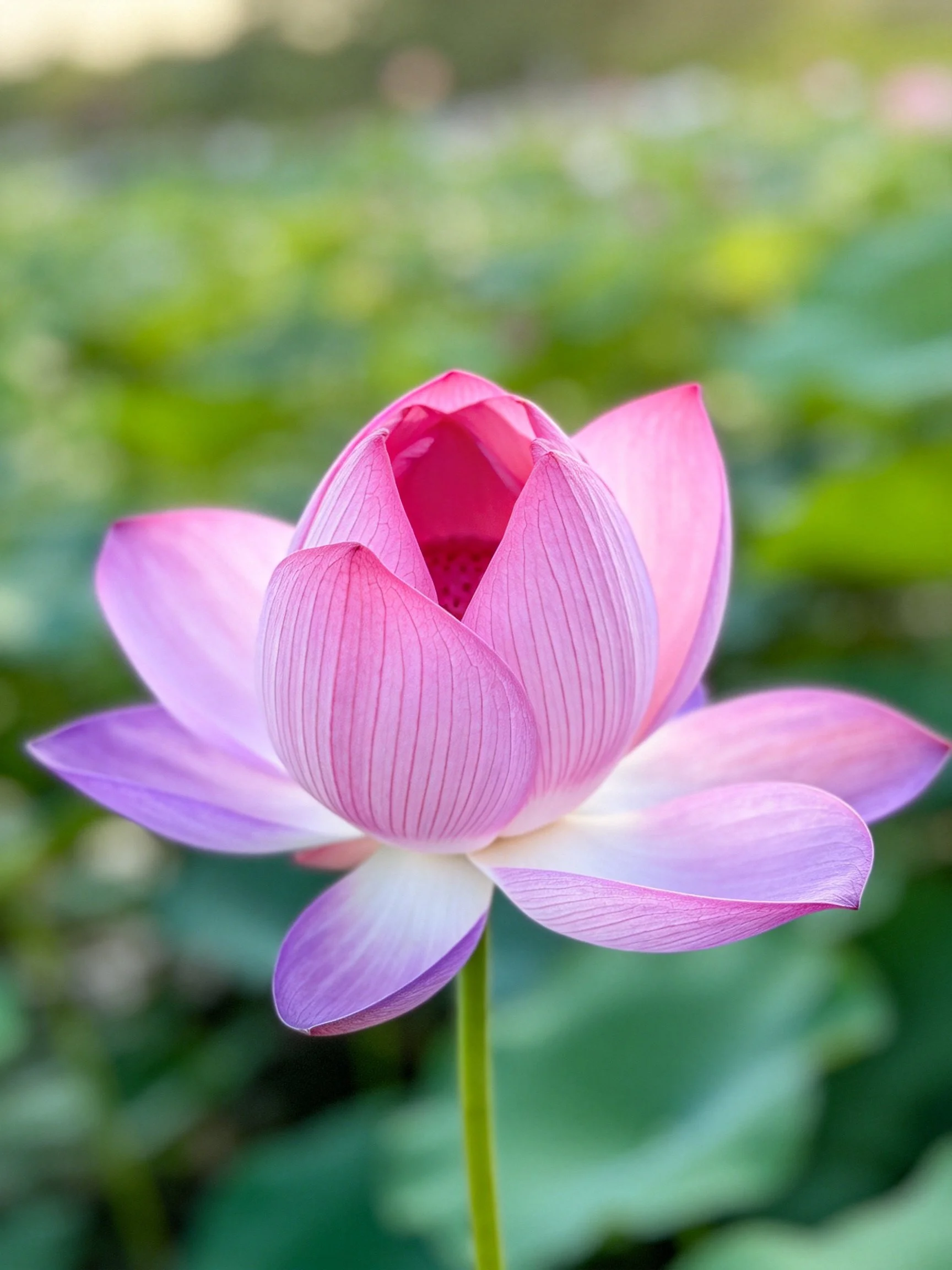 A vibrant pink lotus bud with delicate purple petals