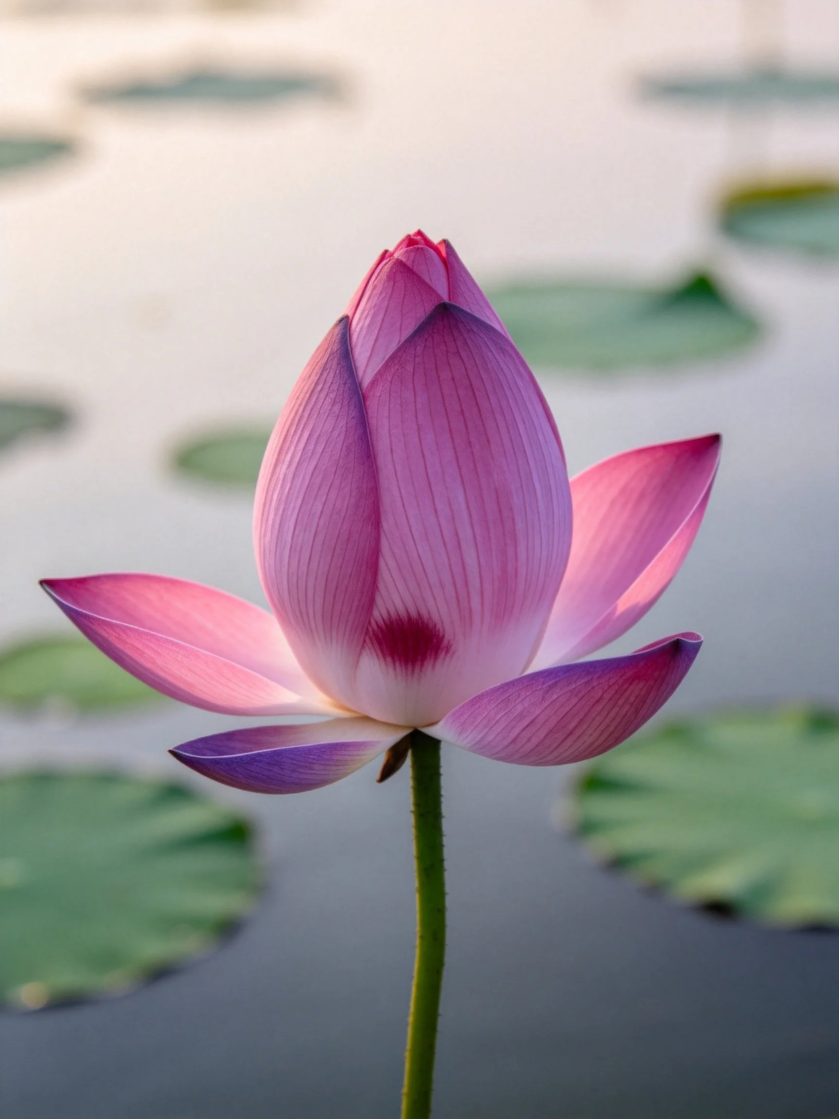 A vibrant pink lotus bud with green lily pads in calm water