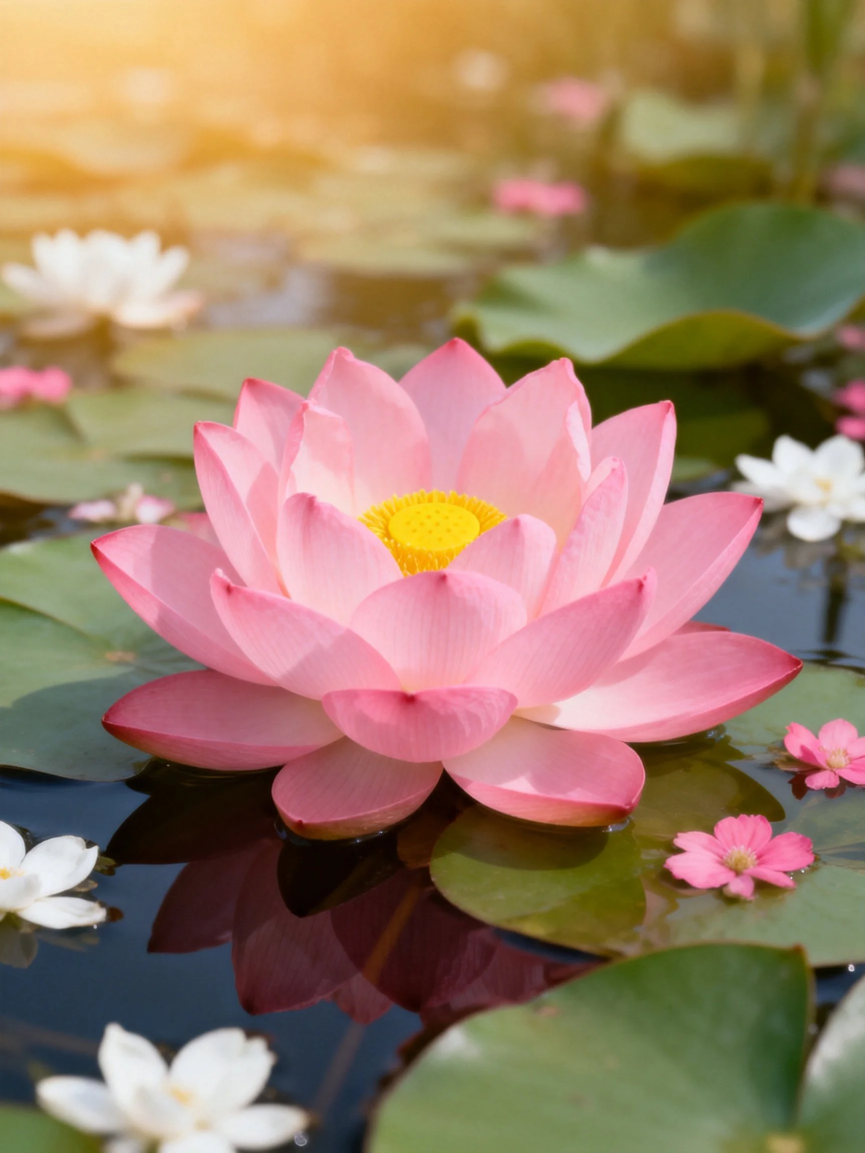 A vibrant pink lotus centered among water lilies and green leaves