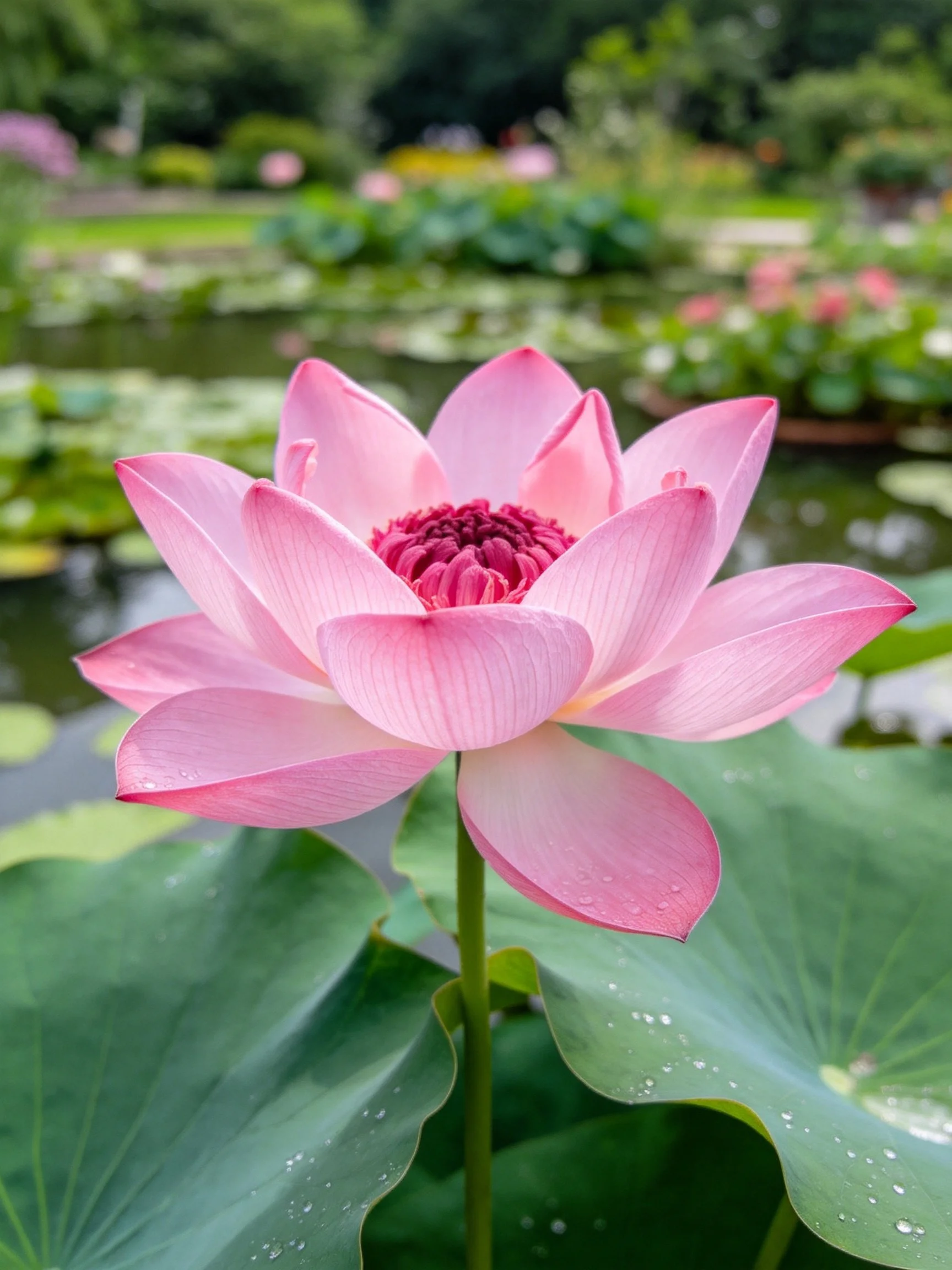 A vibrant pink lotus flower amid broad green leaves
