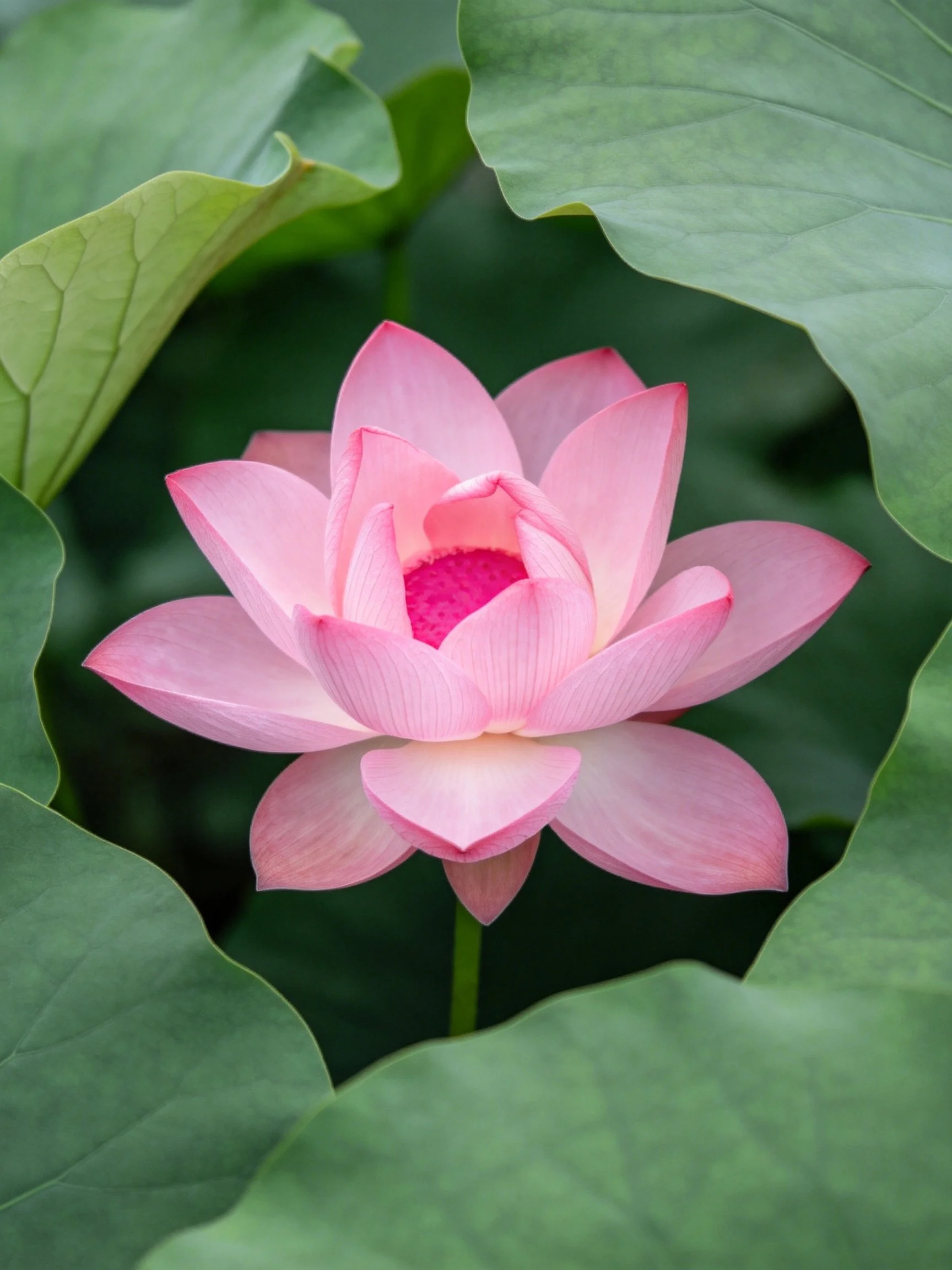 A vibrant pink lotus flower amid large green leaves