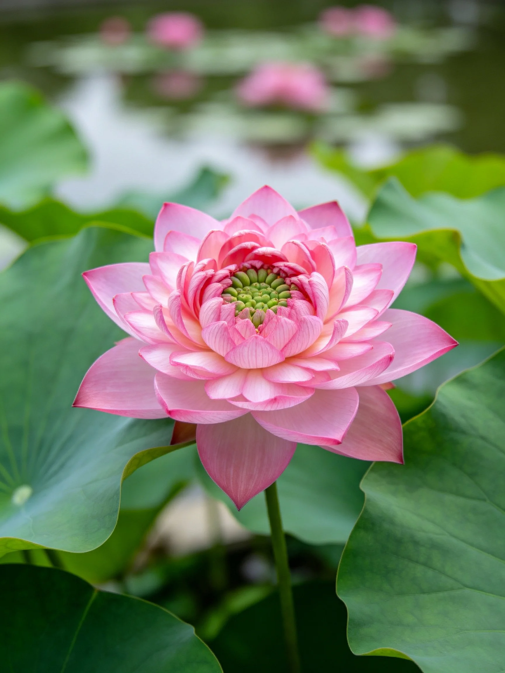 A vibrant pink lotus flower amidst large green leaves