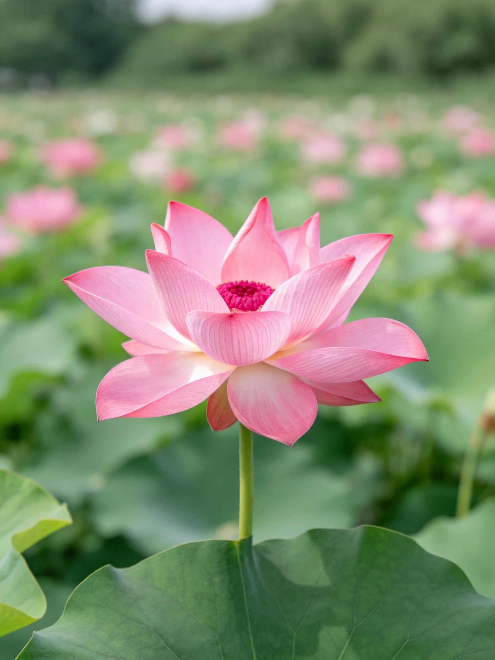 A vibrant pink lotus flower among lush green foliage