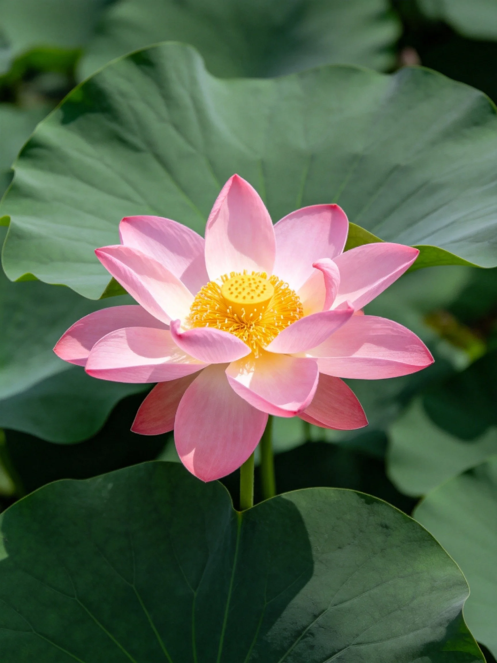 A vibrant pink lotus flower blooming amid large green leaves