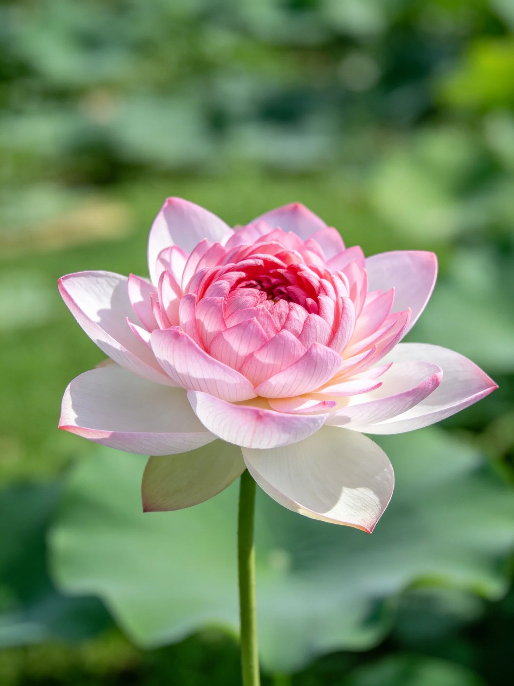 A vibrant pink lotus flower blooms against lush green foliage.