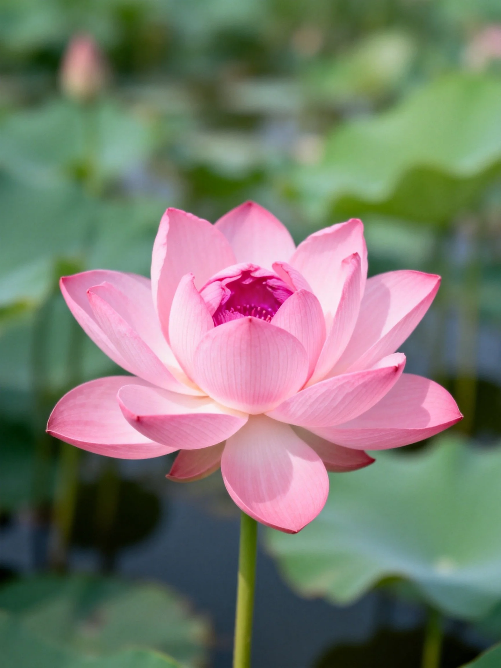 A vibrant pink lotus flower blooms among green lily pads
