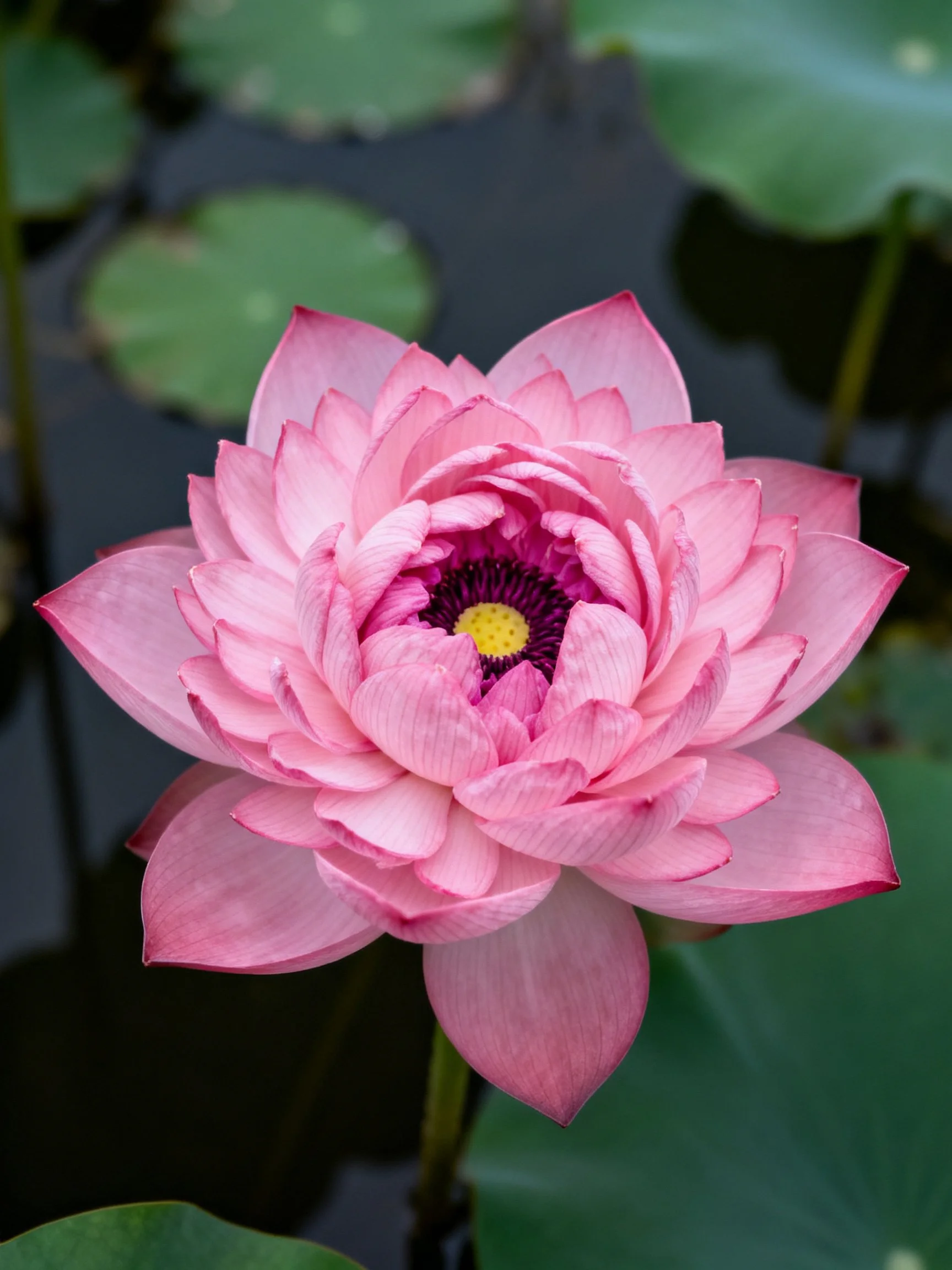 A vibrant pink lotus flower blooms among green lily pads