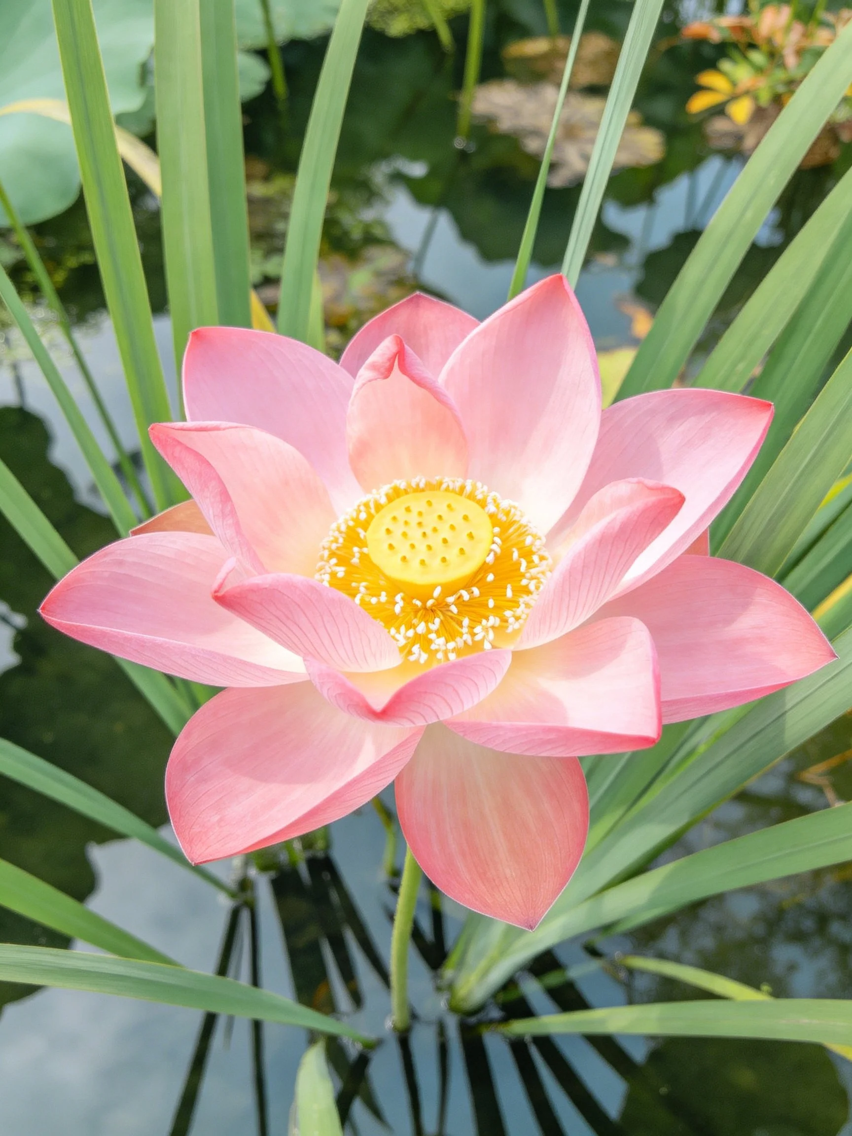 A vibrant pink lotus flower blooms among green reeds by calm water