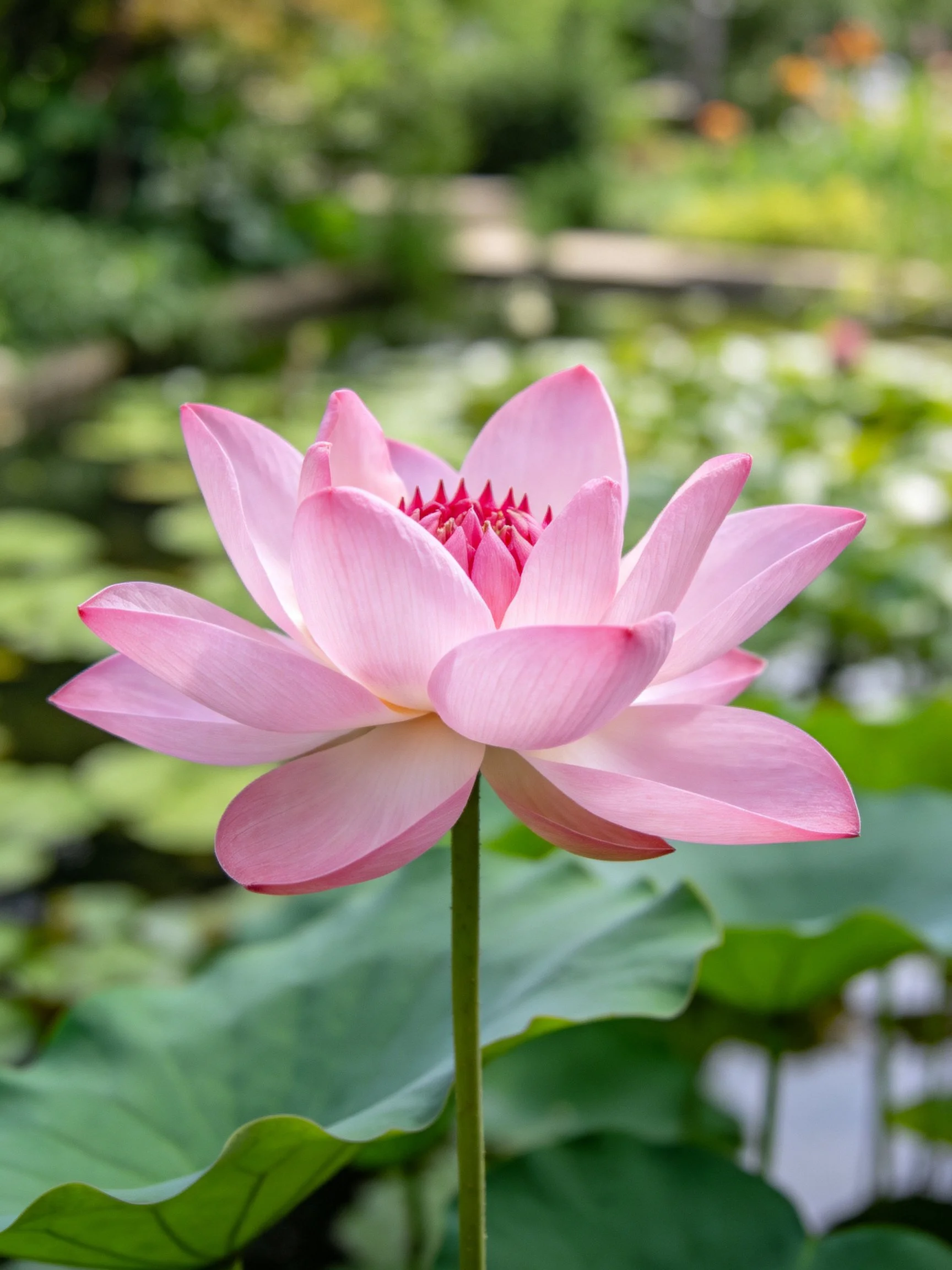 A vibrant pink lotus flower blooms among large green leaves