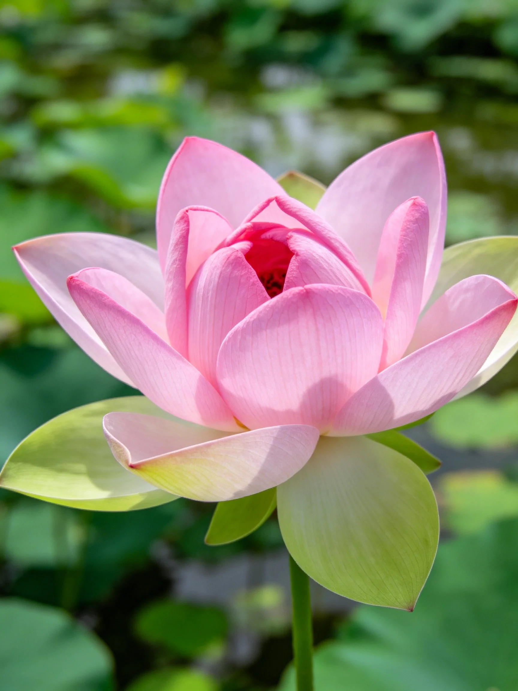 A vibrant pink lotus flower blooms among lush green foliage