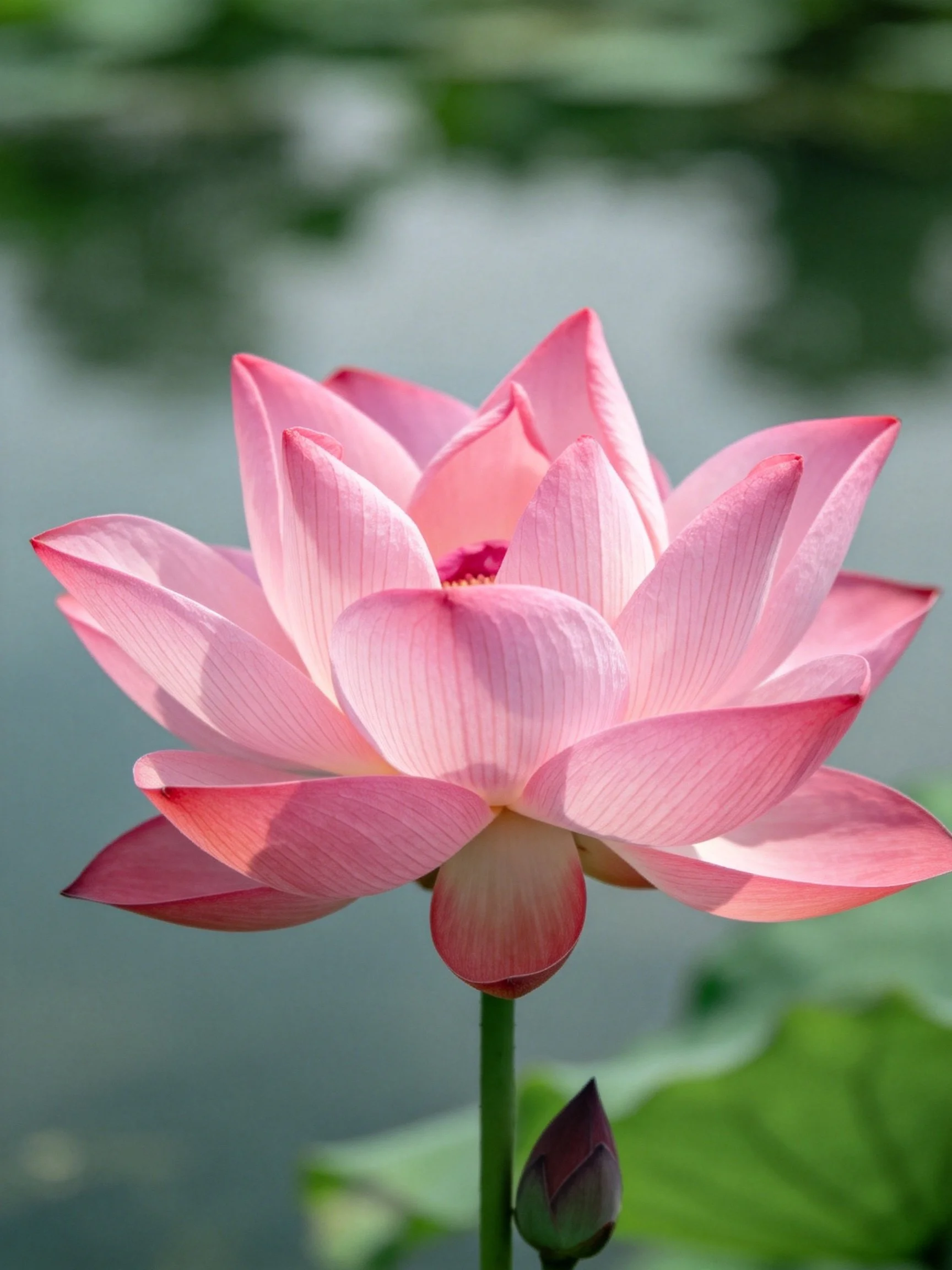A vibrant pink lotus flower blooms near water with green foliage
