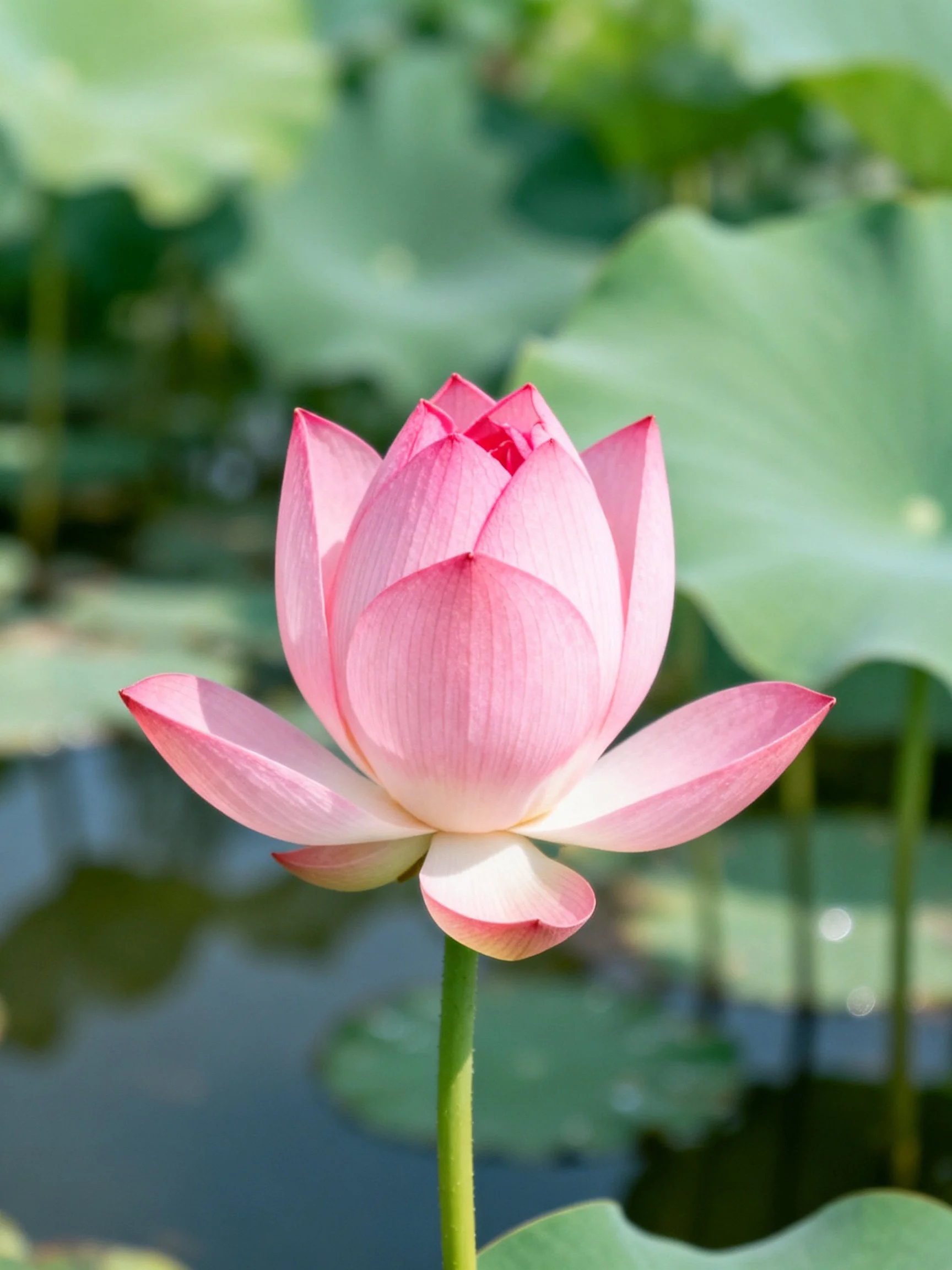A vibrant pink lotus flower near broad green lily pads