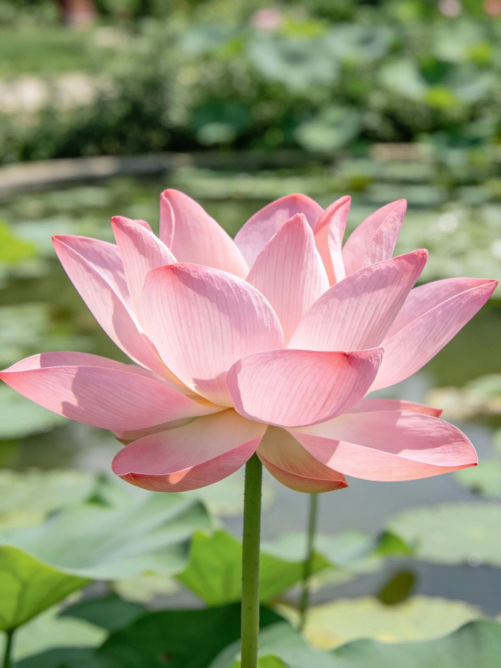 A vibrant pink lotus flower stands out among green lily pads