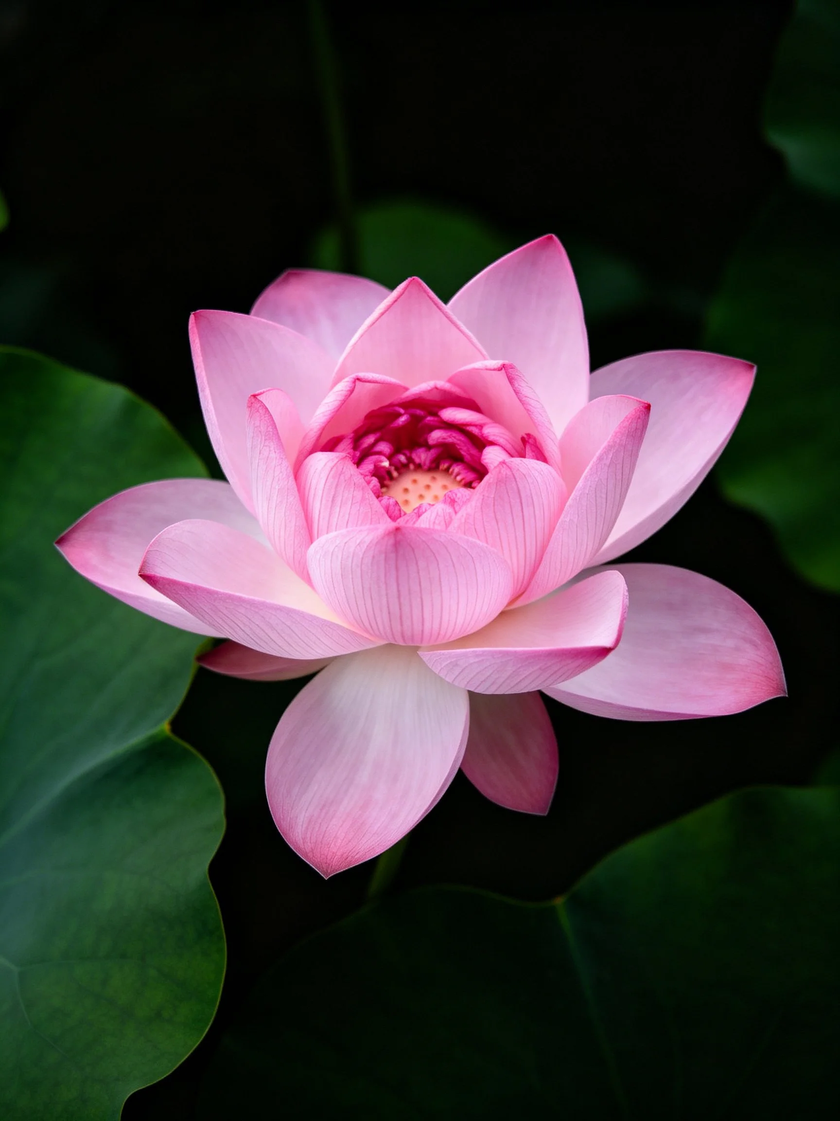 A vibrant pink lotus flower surrounded by dark green leaves