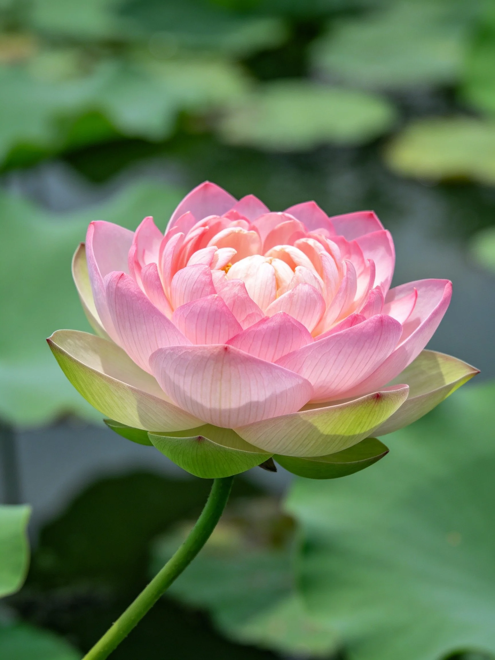 A vibrant pink lotus flower surrounded by green lily pads