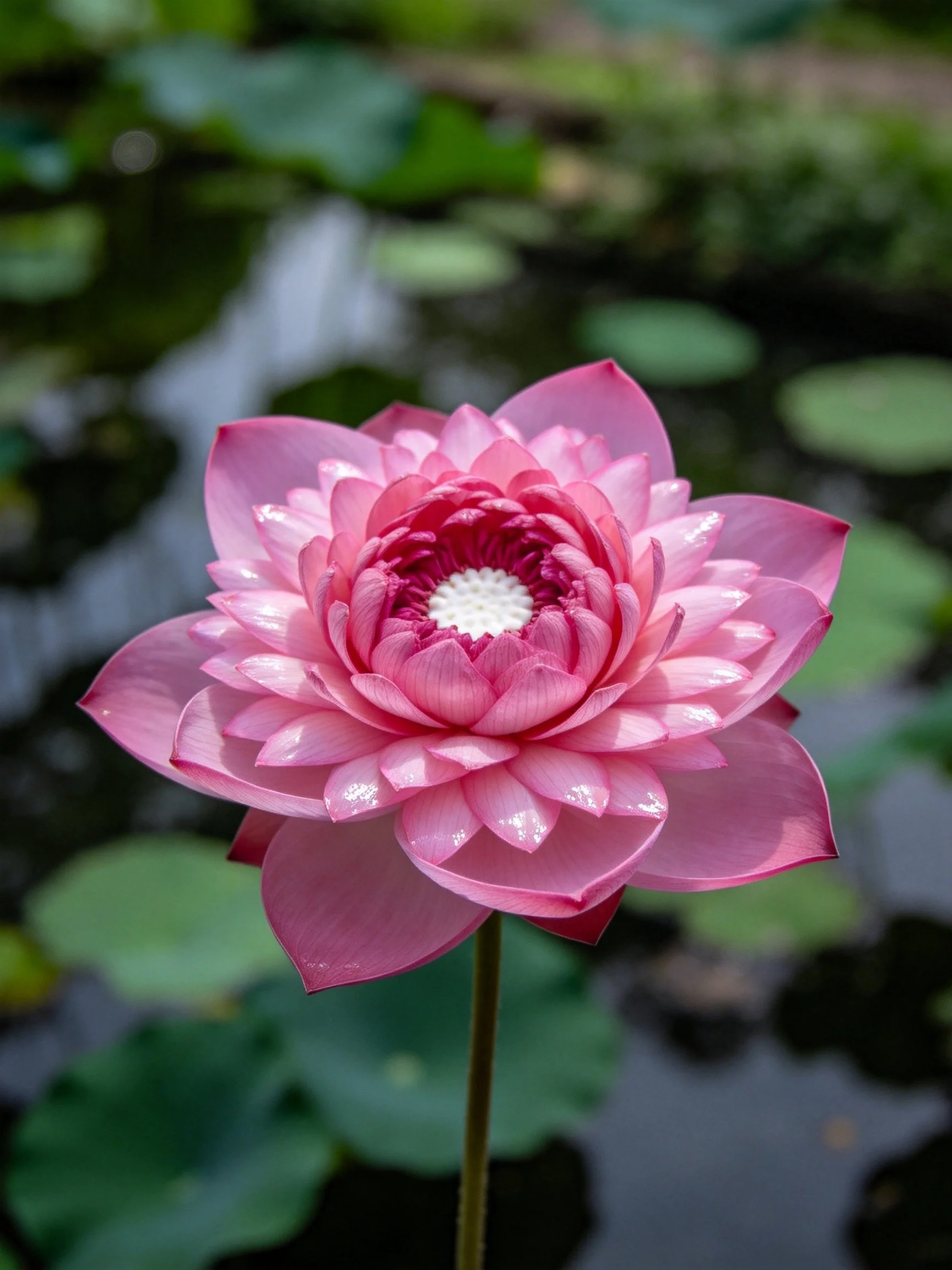 A vibrant pink lotus flower surrounded by green lily pads